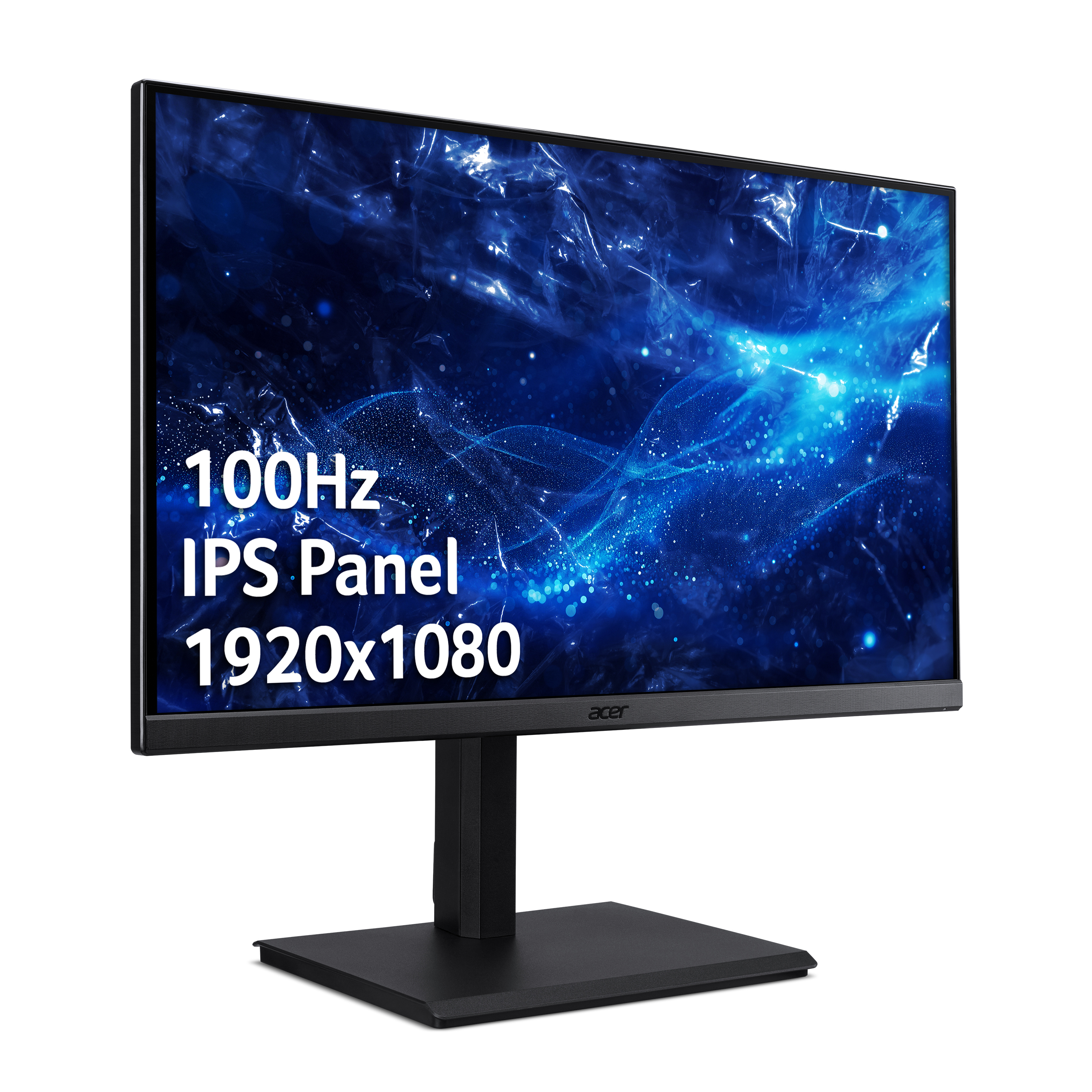Un monitor negro que muestra texto sobre 100Hz IPS Panel con una imagen de un fondo azul y blanco.