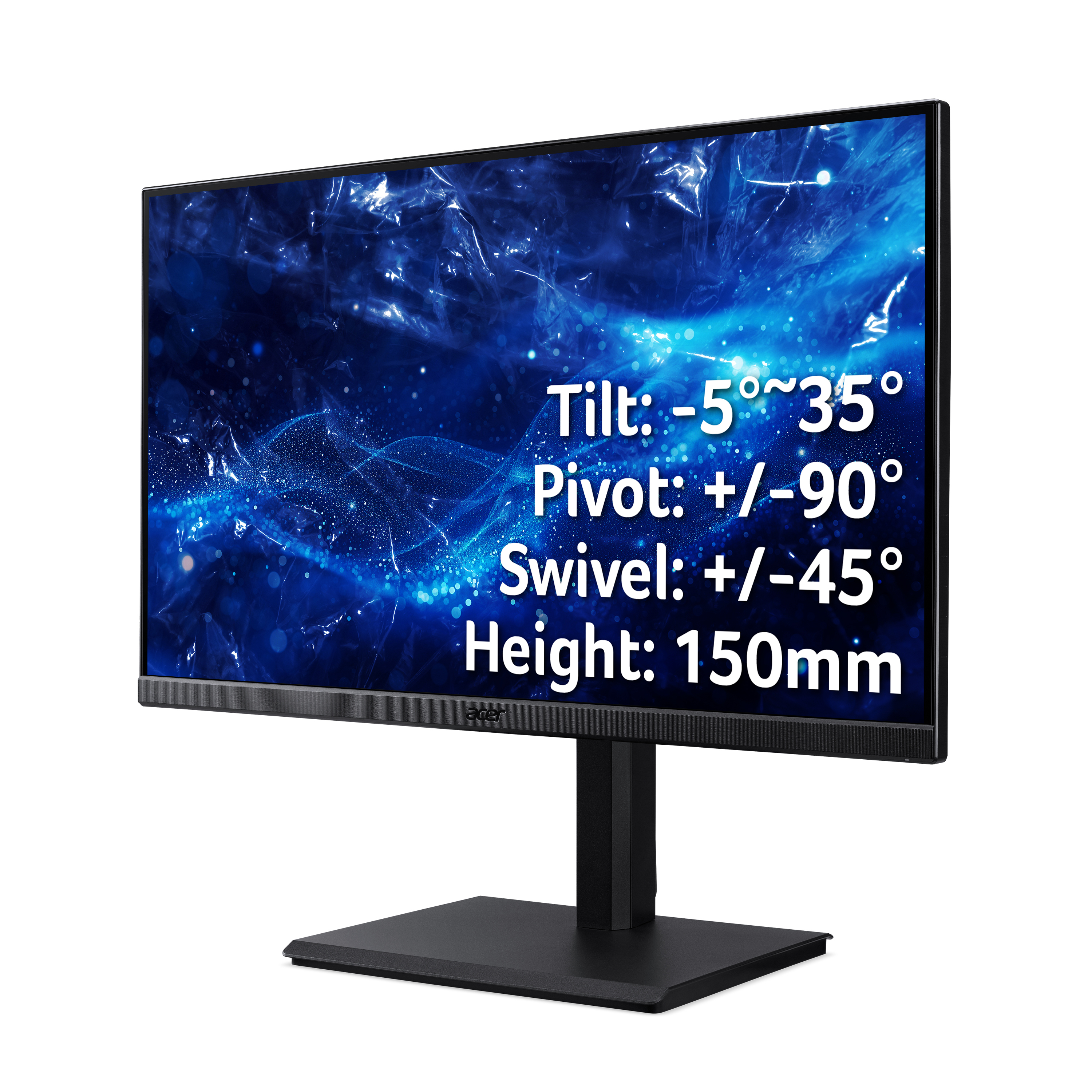 Un monitor de computadora negro con especificaciones de inclinación, giro, rotación y altura. Marca Acer.