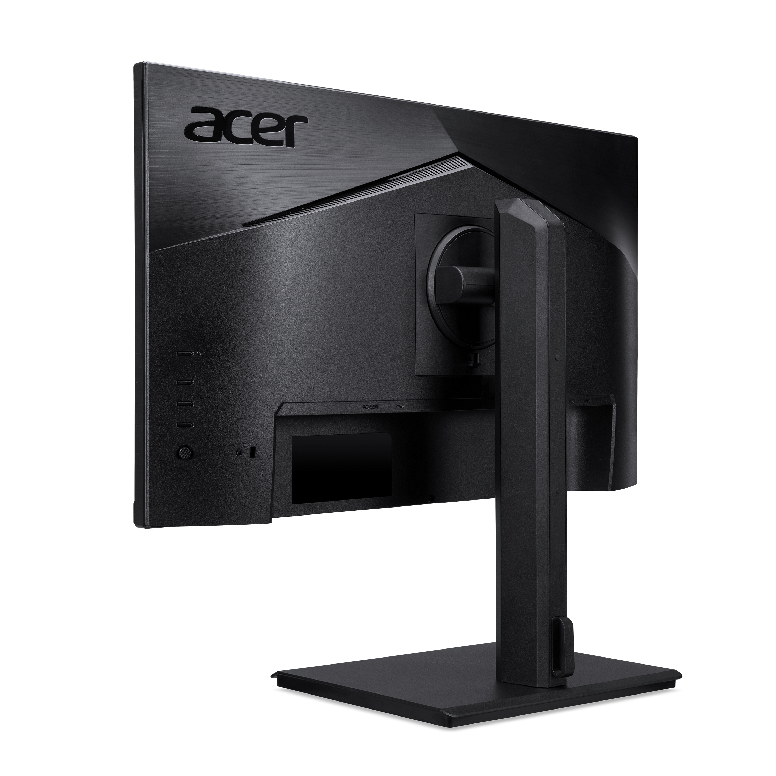Vista trasera de monitor Acer negro con soporte. Logo Acer visible.