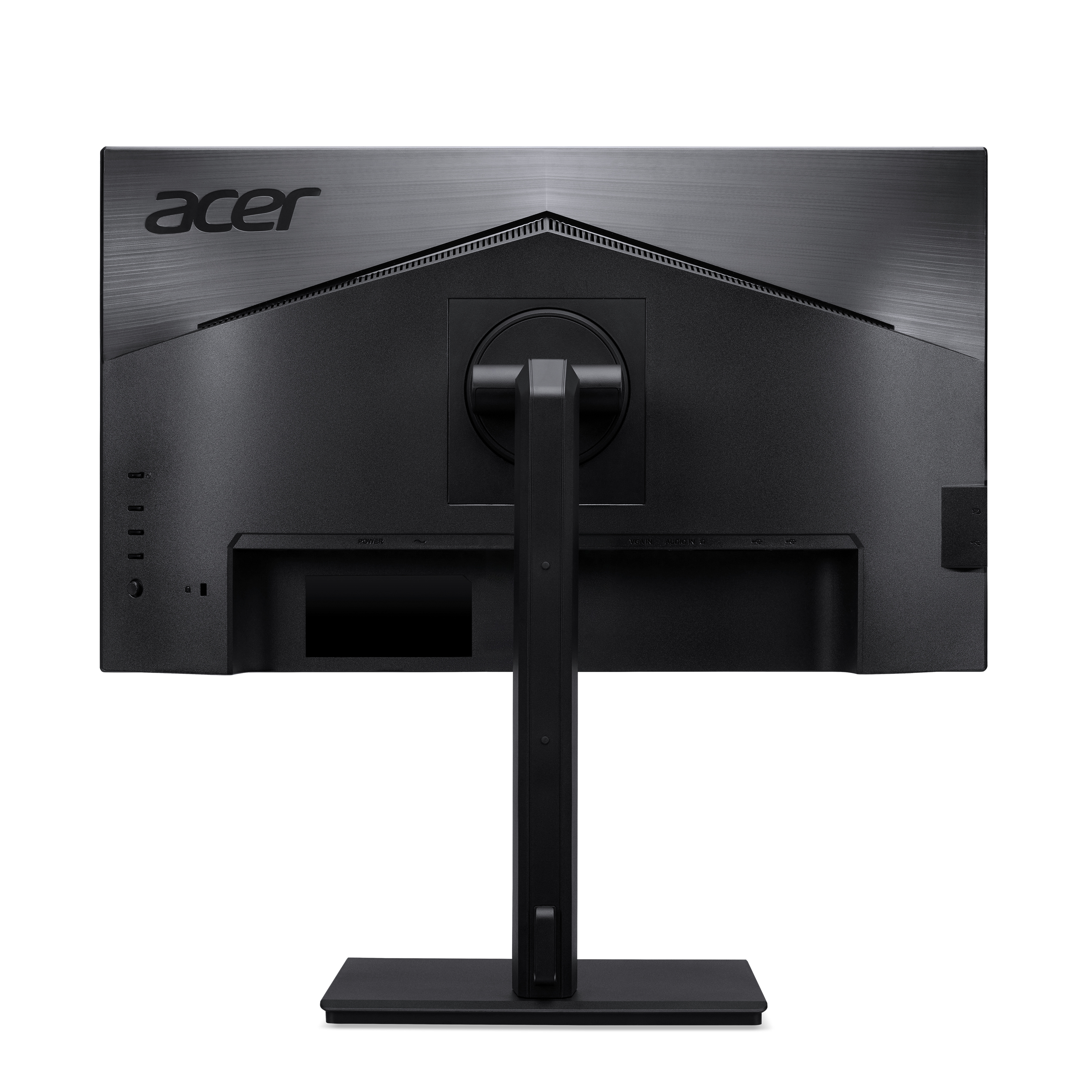 Vista trasera de un monitor Acer. Negro, con puertos y soporte. Logotipo Acer en la parte superior.