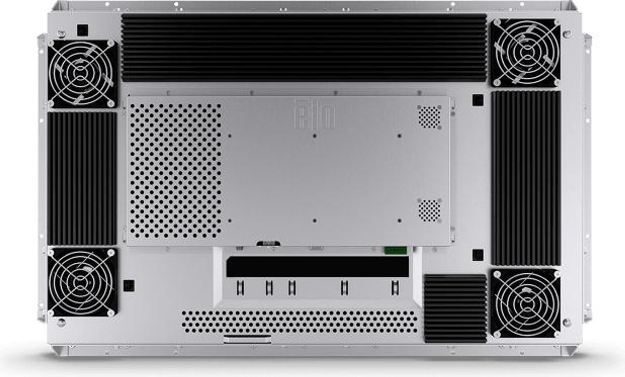 Rückansicht eines silbernen Servers mit Lüftern und mehreren Lüftungsgittern.