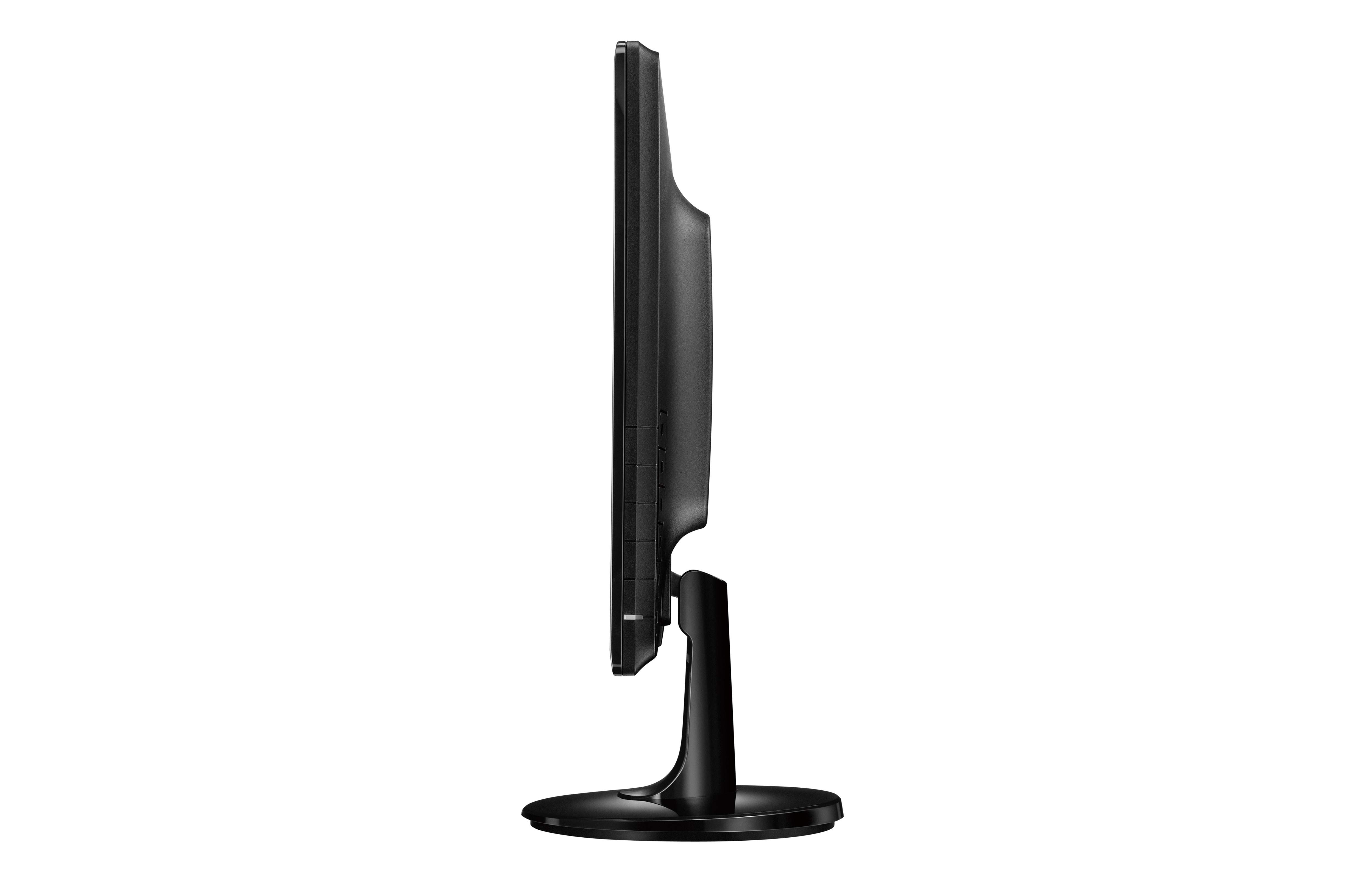 Vista laterale di un monitor nero, con un supporto, su sfondo bianco.
