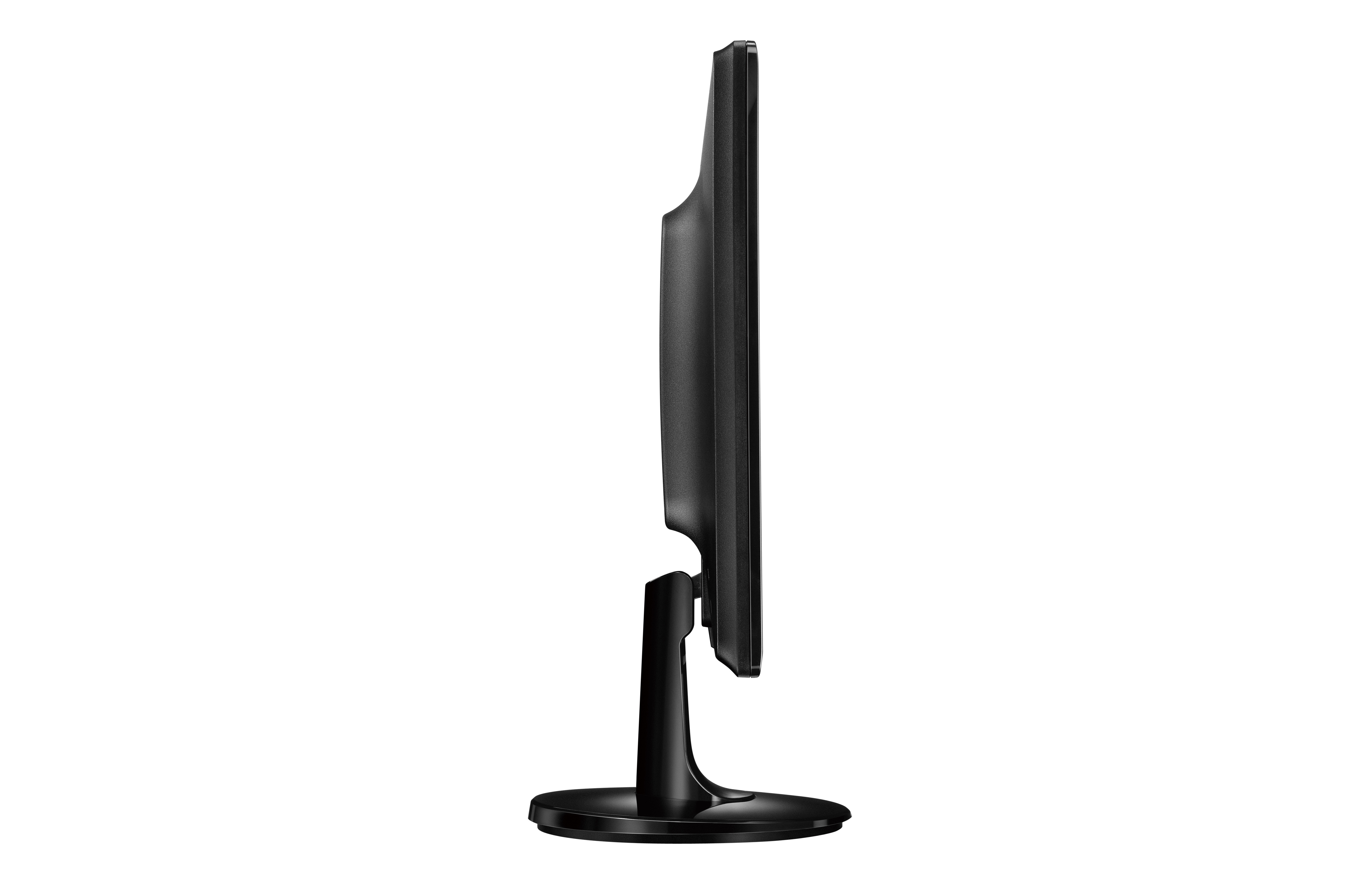 Vista laterale di un monitor nero con supporto nero. Sfondo bianco.