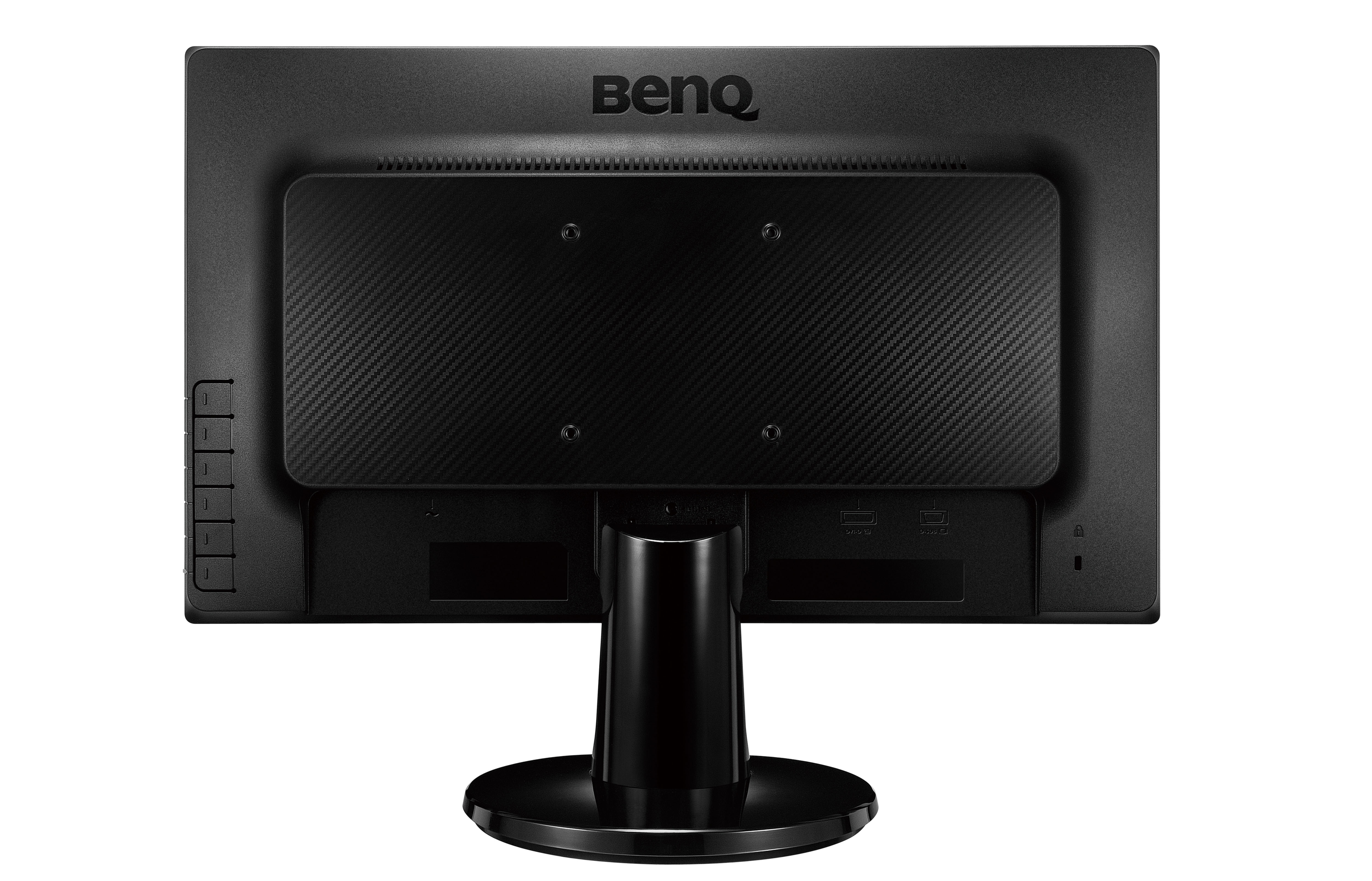 Vista posteriore di un monitor BenQ nero con supporto nero. Sfondo bianco.