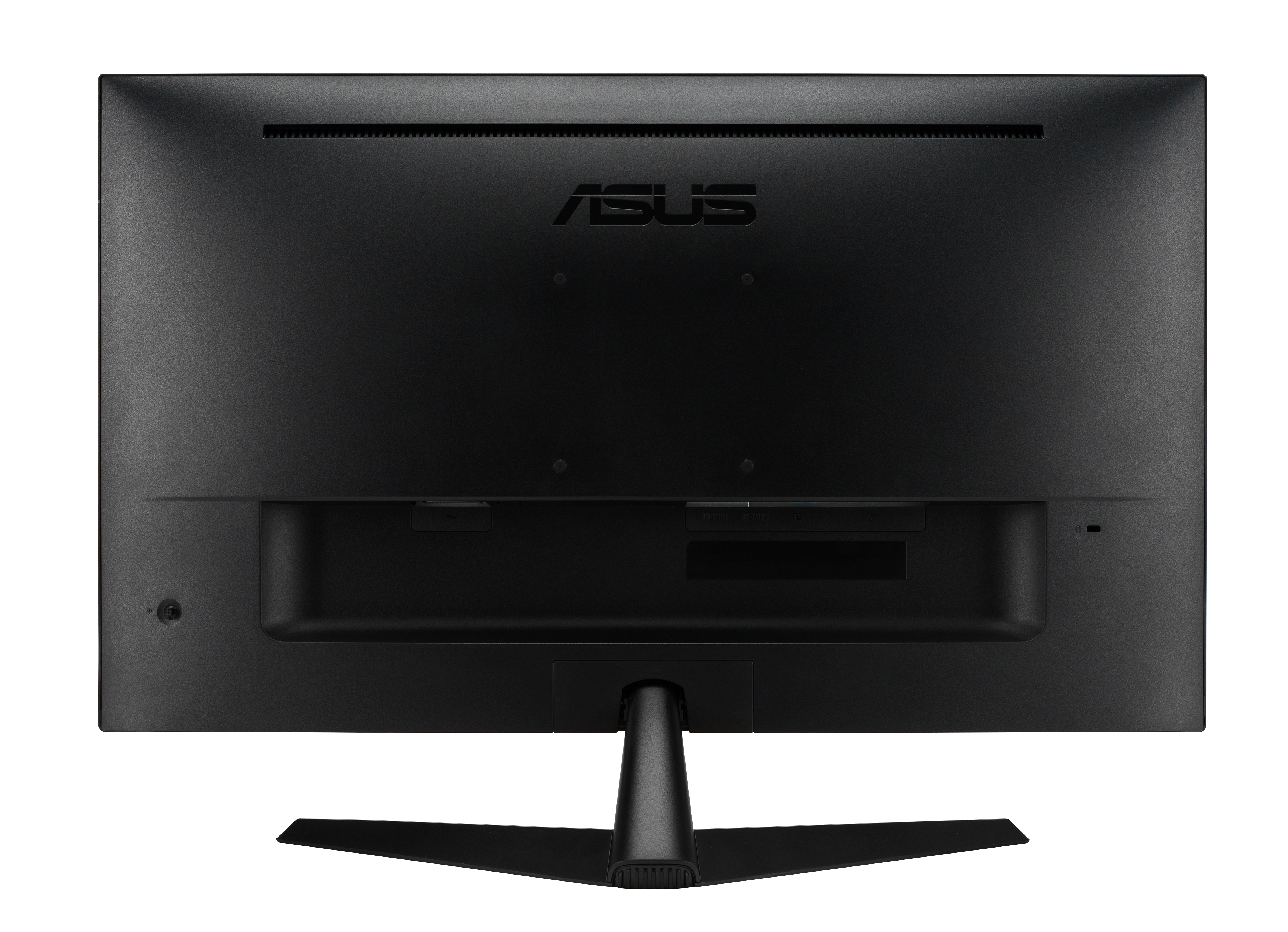 Tył czarnego monitora z logo ASUS, stojakiem i portami połączeniowymi.