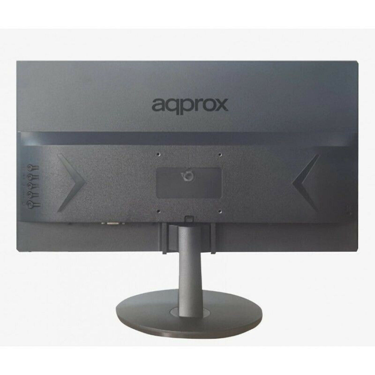 Parte trasera de un monitor negro con soporte. La marca 'aqprox' es visible.