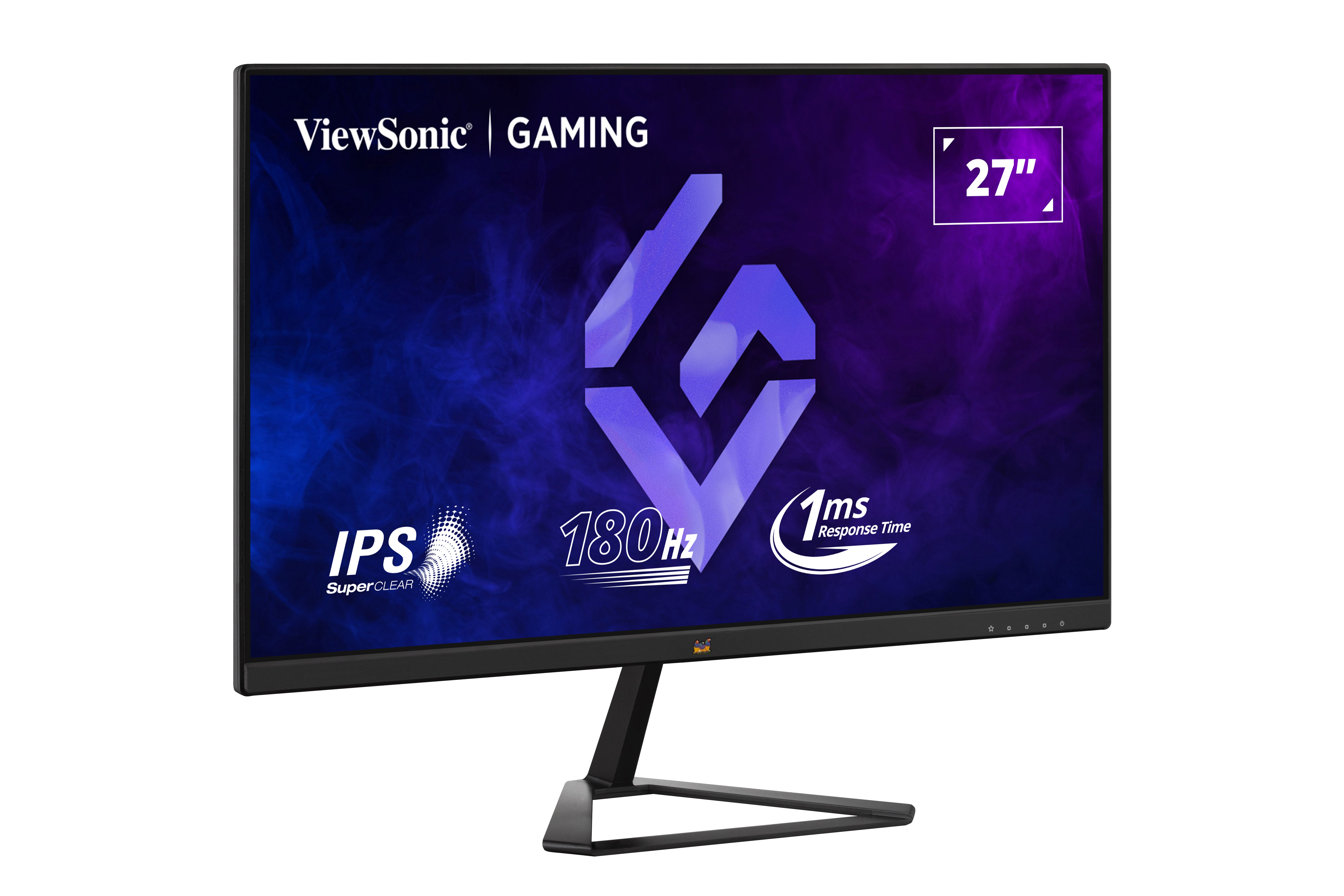 Monitor gaming ViewSonic sobre fondo blanco, mostrando un gráfico colorido.