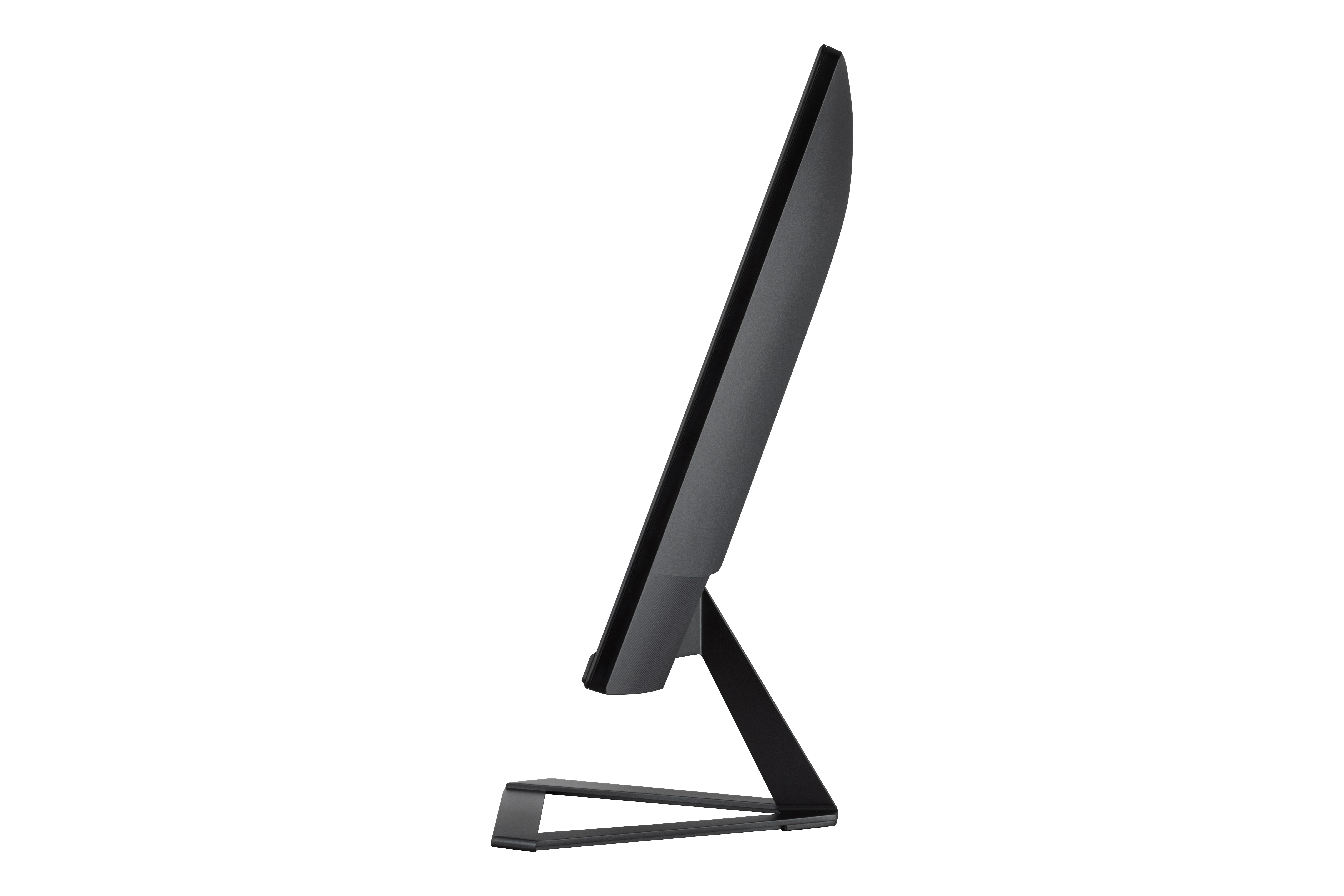 Un monitor negro se muestra de lado sobre un fondo blanco.