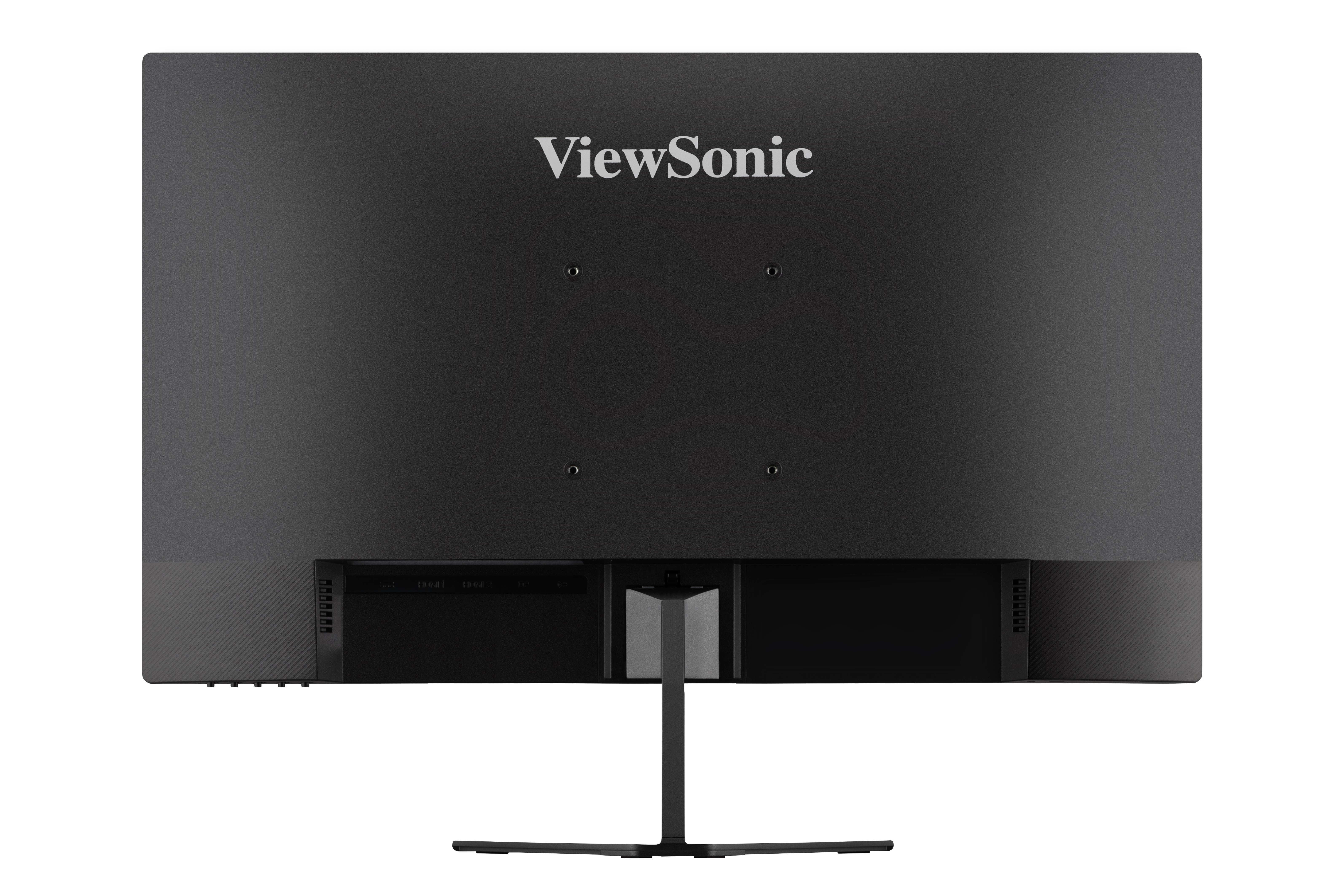 Parte trasera de un monitor ViewSonic negro, mostrando soporte, puertos y logo ViewSonic.