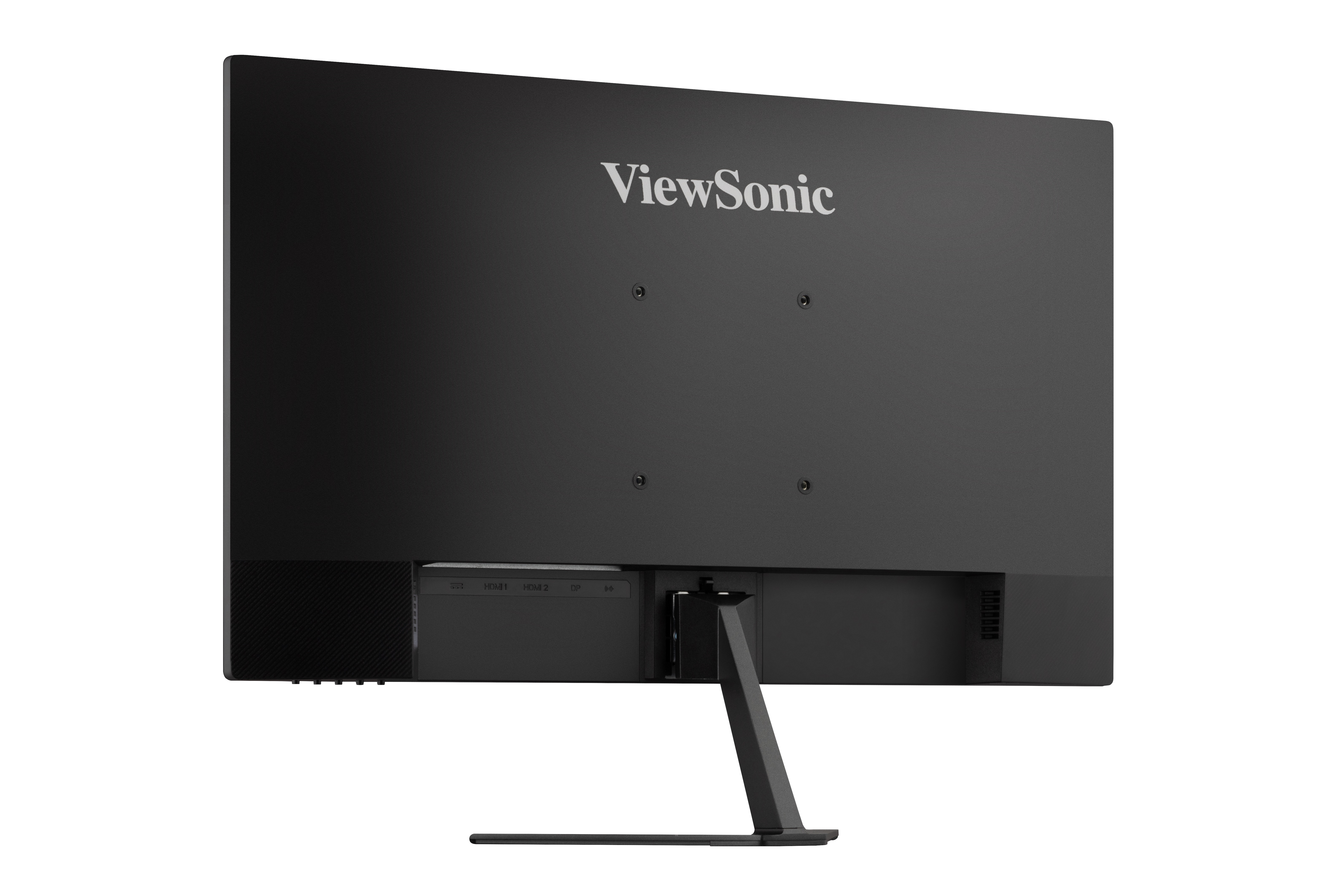 La parte trasera de un monitor ViewSonic negro con puertos y soporte.