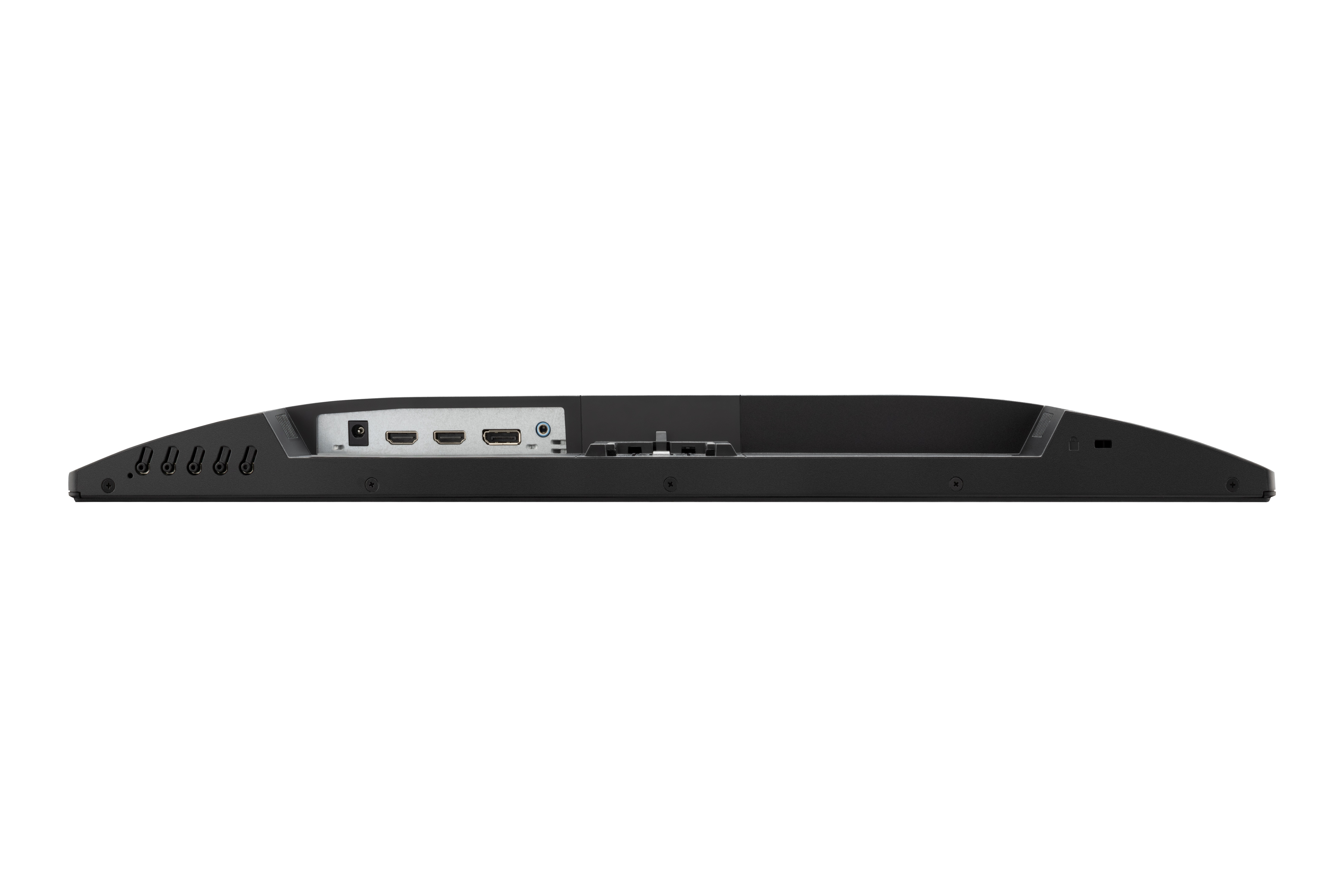 Parte trasera de un monitor negro con varios puertos de entrada.