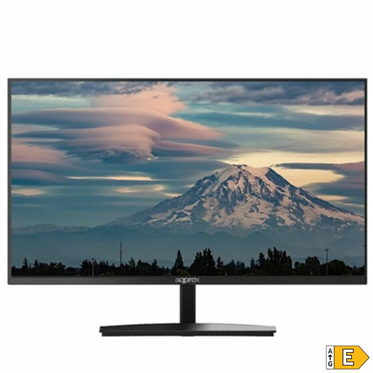 Monitor che mostra una scena paesaggistica con una montagna e nuvole. Valutazione E in basso a destra.