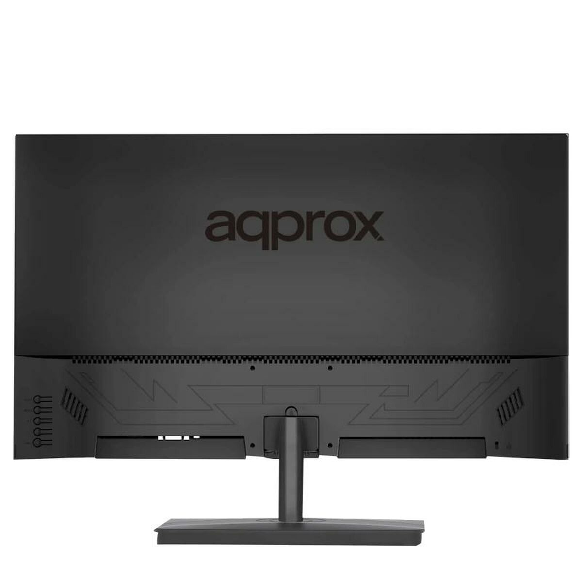 Vista posteriore di un monitor Aqprox. Il logo è in alto e il supporto è nero.