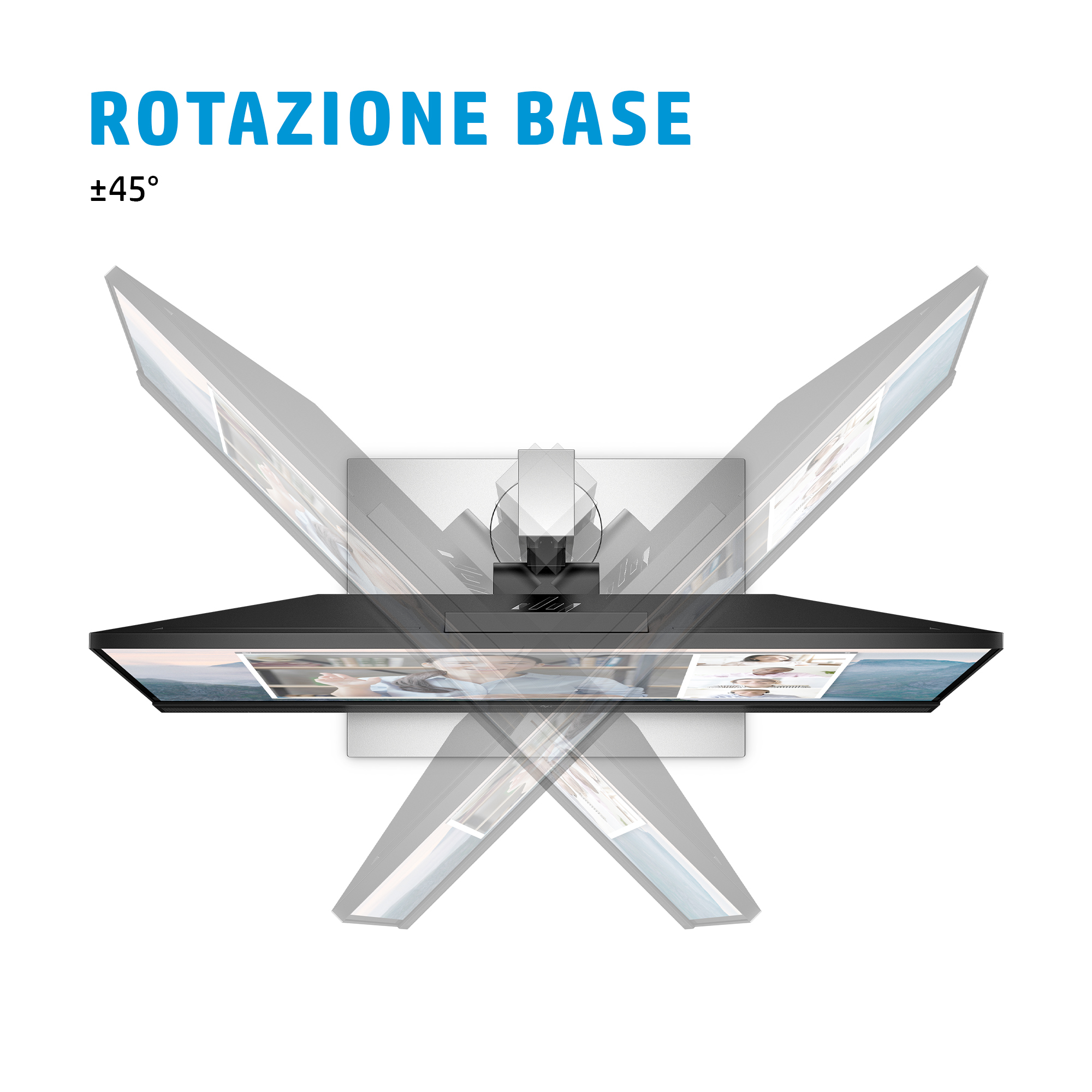 Widok z góry na monitor z obrotową podstawą. Obraz pokazuje zakres obrotu.