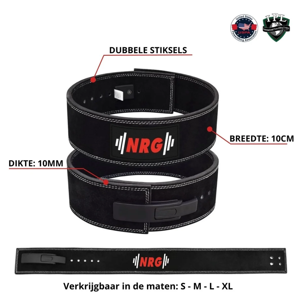 Schwarzer Gewichthebergürtel mit weißer Naht, Logo und Größenangaben.