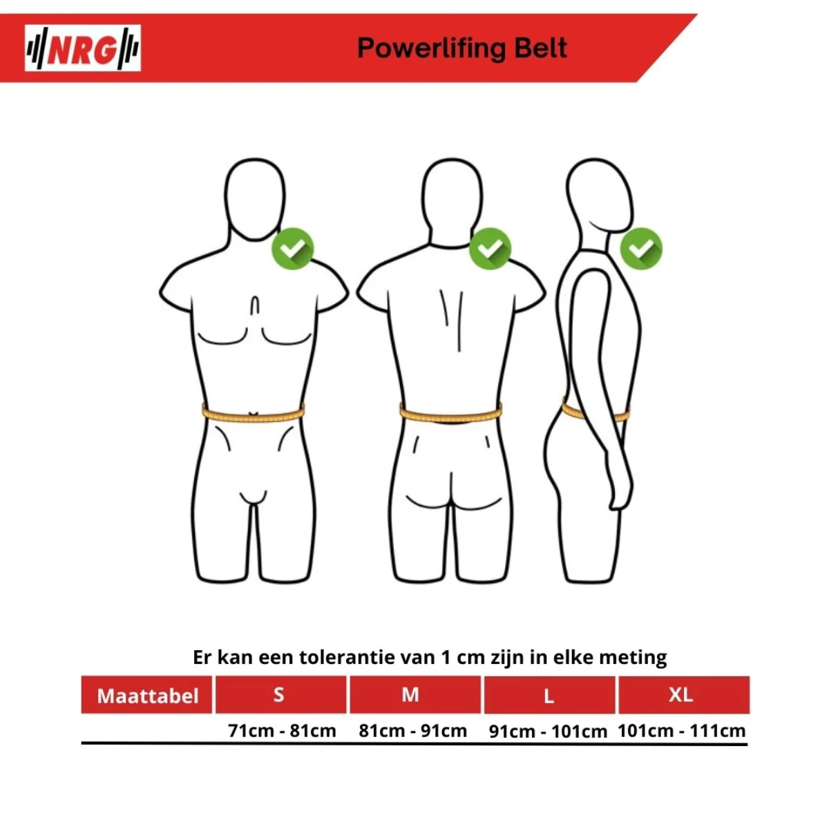 Diagramm des Torsos mit Kraftdreikampf-Gürtelgrößen S-XL. Grüne Häkchen auf jedem.