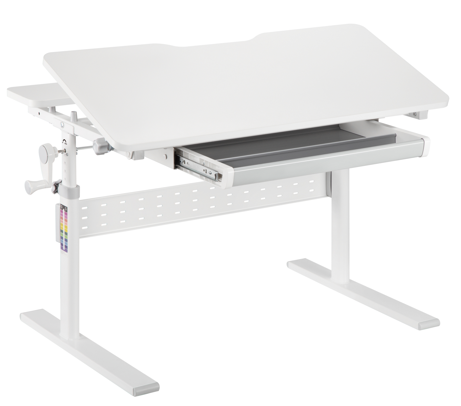 Witte verstelbare bureau, met een wit frame en lade. Een slinger en display.