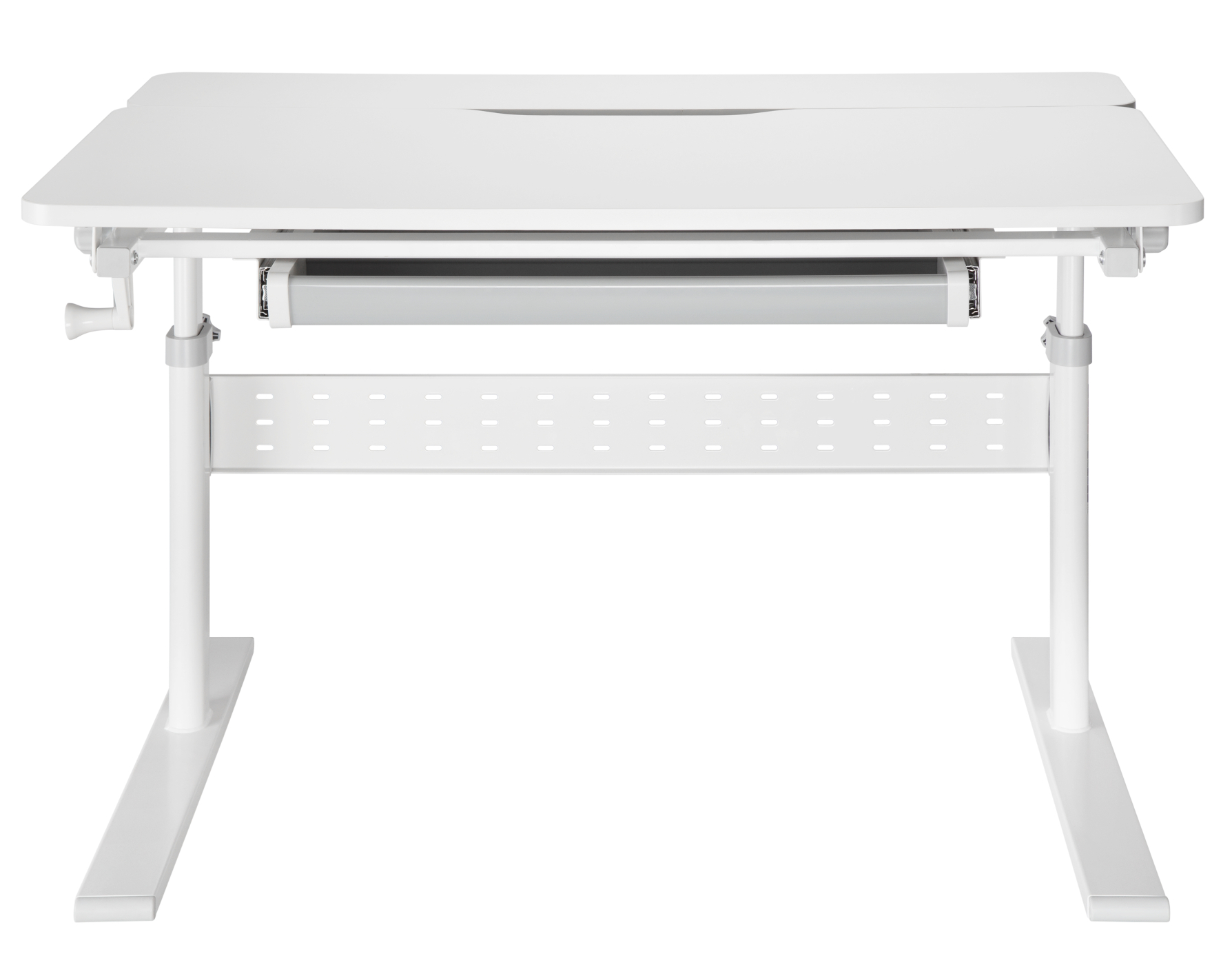 Witte in hoogte verstelbare bureau met een toetsenbordlade. De poten en het frame zijn wit.