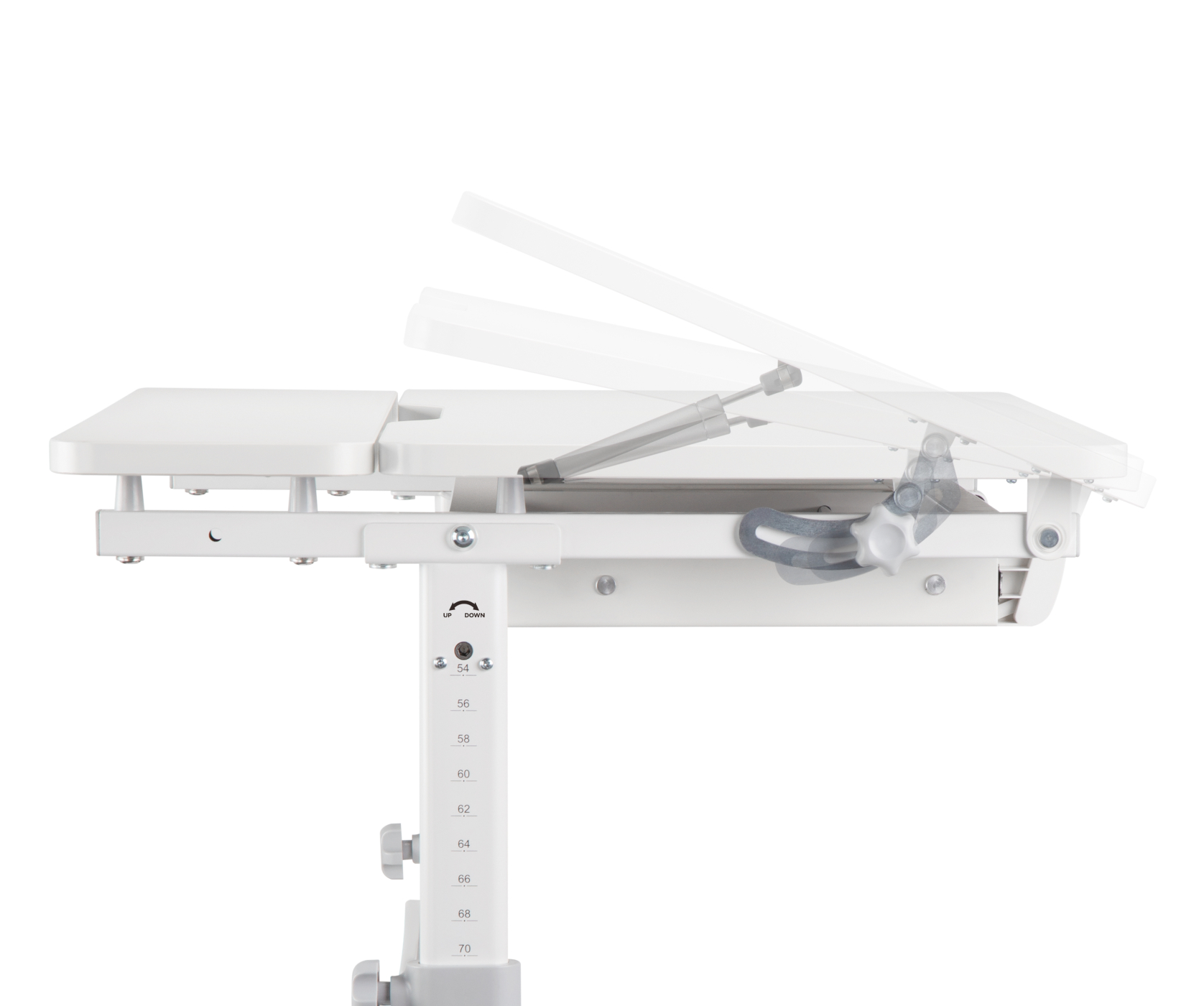 Witte verstelbare bureau, met het mechanisme voor hoogteverstelling.