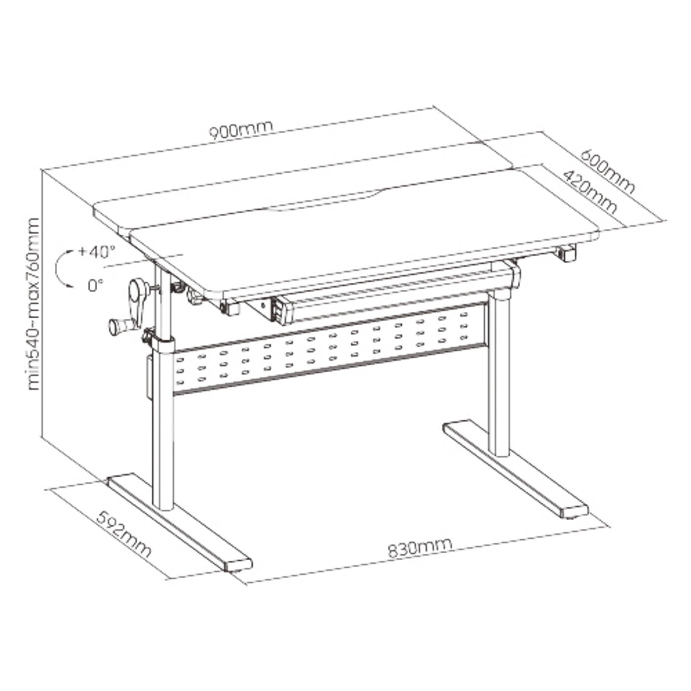 Een bureau met verstelbare hoogte specificaties. De breedte van het bureau is 900 mm, terwijl de diepte 600 mm is aan de ene kant en 420 mm aan de andere kant.