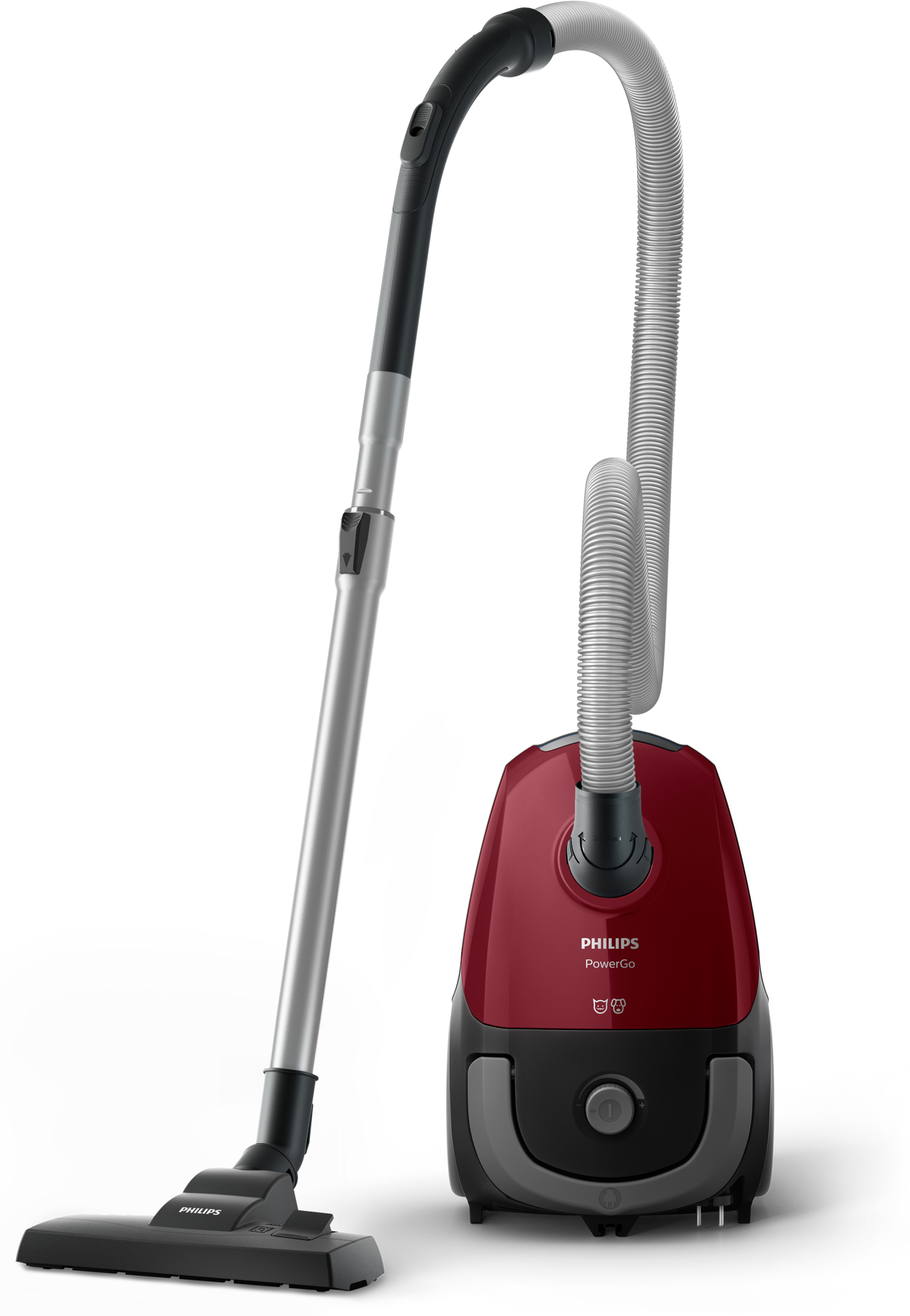 Un aspirapolvere rosso con base nera e manico argentato. Un logo Philips è visibile.