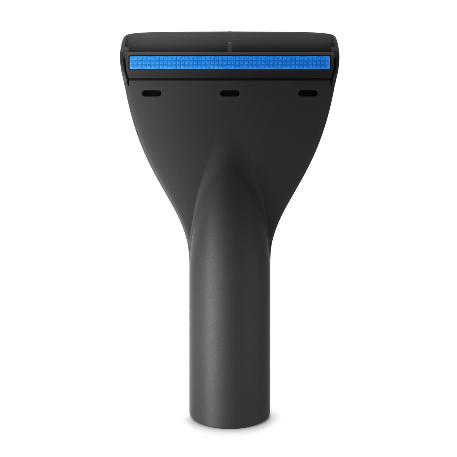 Ugello per aspirapolvere nero con dettagli blu su sfondo bianco.