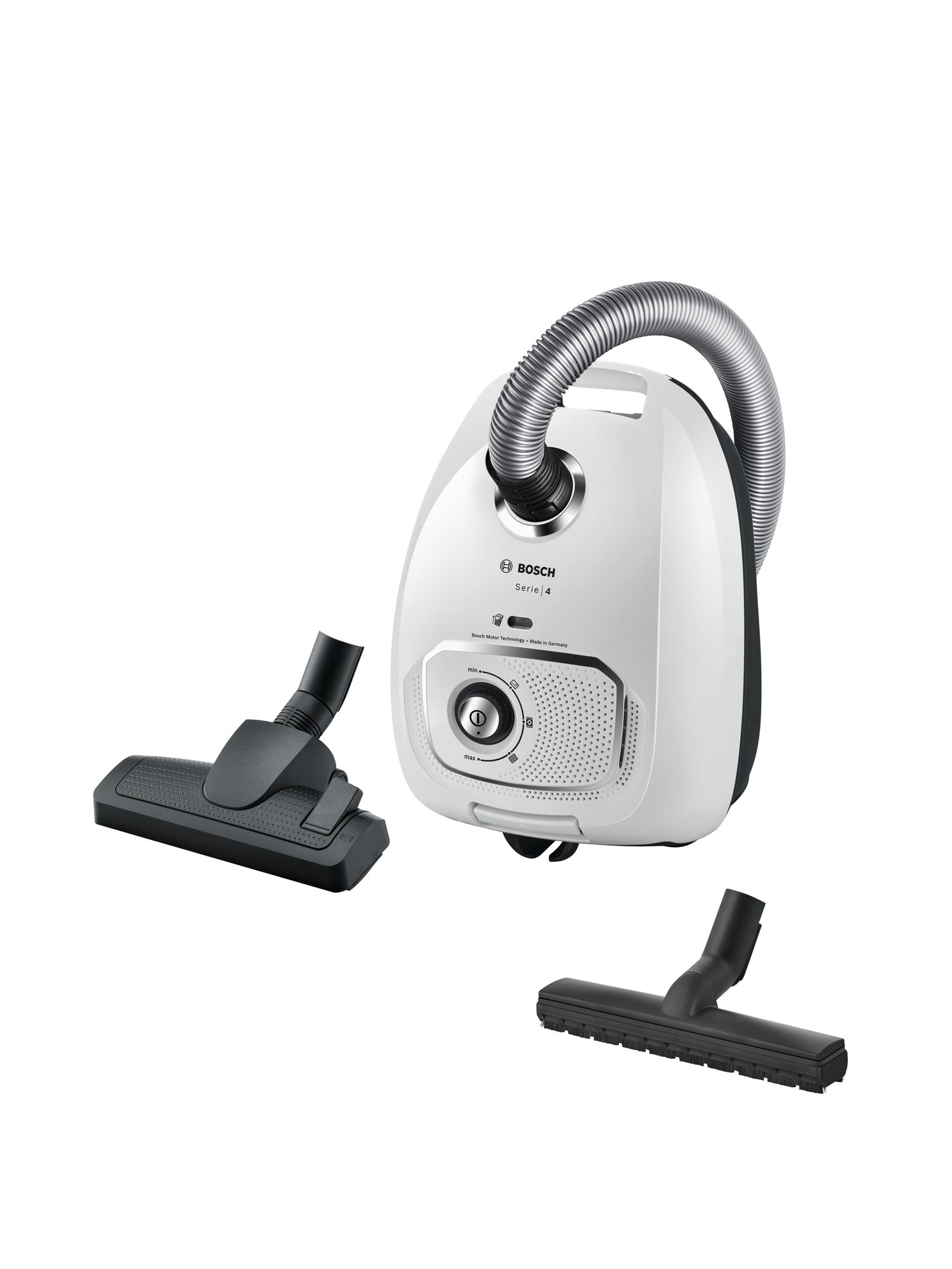 White vacuum cleaner with two black attachments, with a silver hose, isolated on white background.