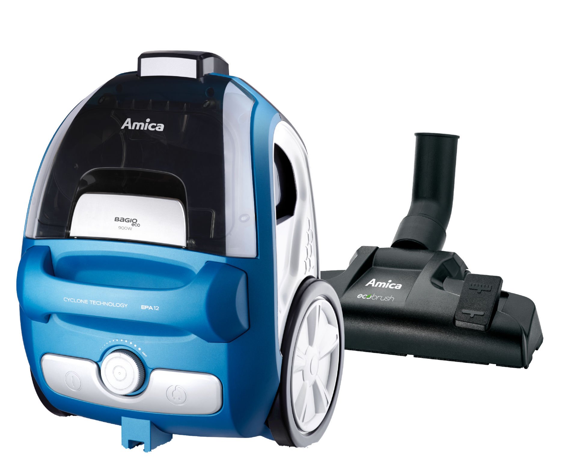 Niebiesko-biały odkurzacz Amica, z głowicą szczotki po prawej stronie. Ma uchwyt i koła.