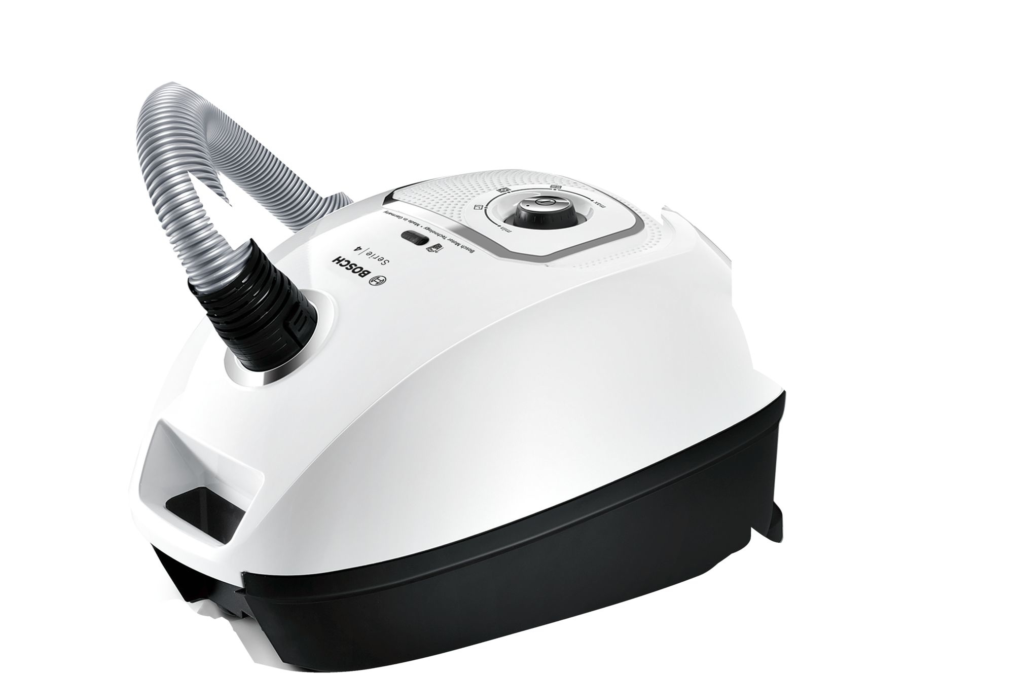 White and black vacuum cleaner with a flexible tube on white background.