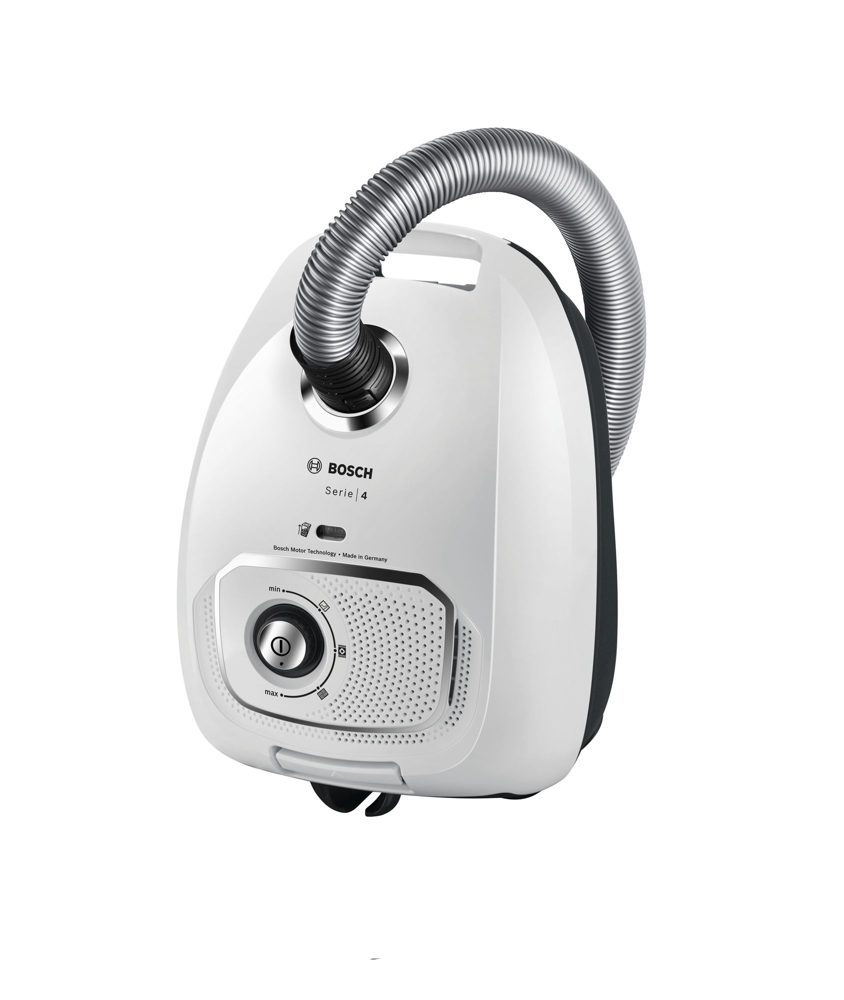 A white Bosch vacuum cleaner with a silver hose and control dial, angled view.