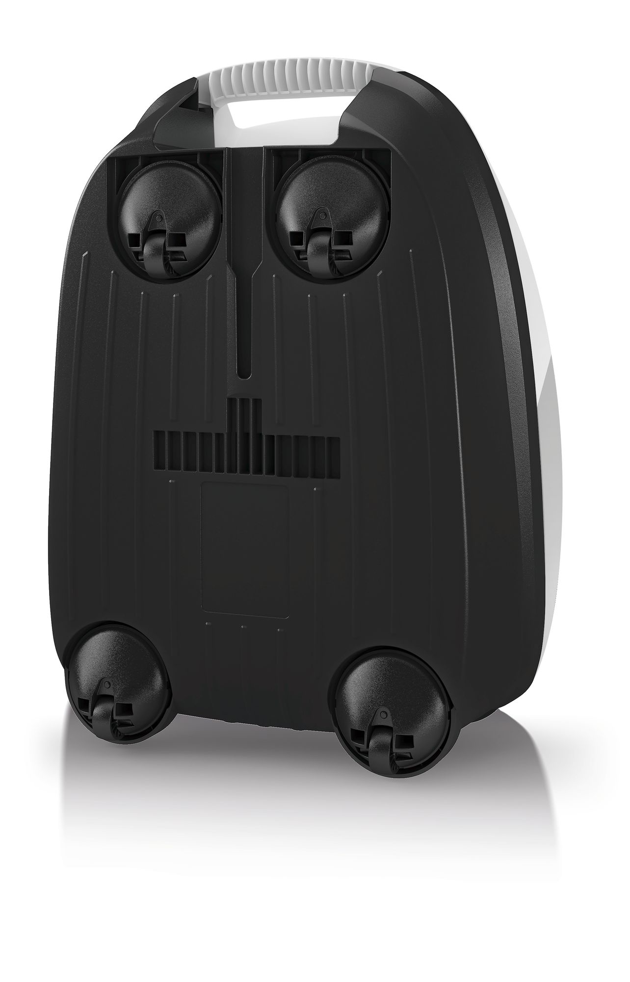 Black and white vacuum cleaner, rear view, with handle and wheels, on a white background.