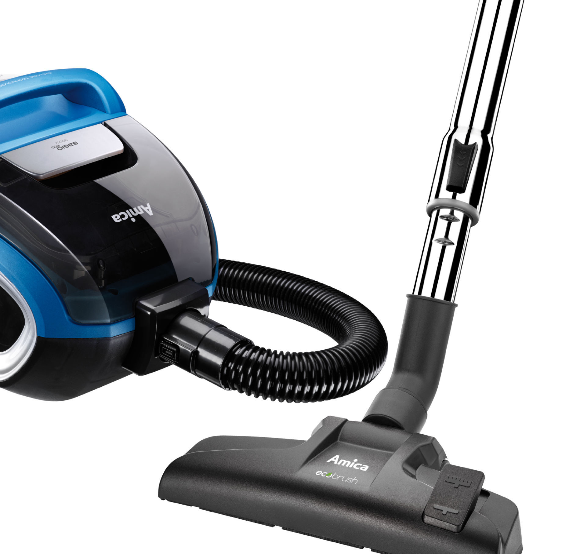 Niebiesko-czarny odkurzacz z wężem i szczotką.