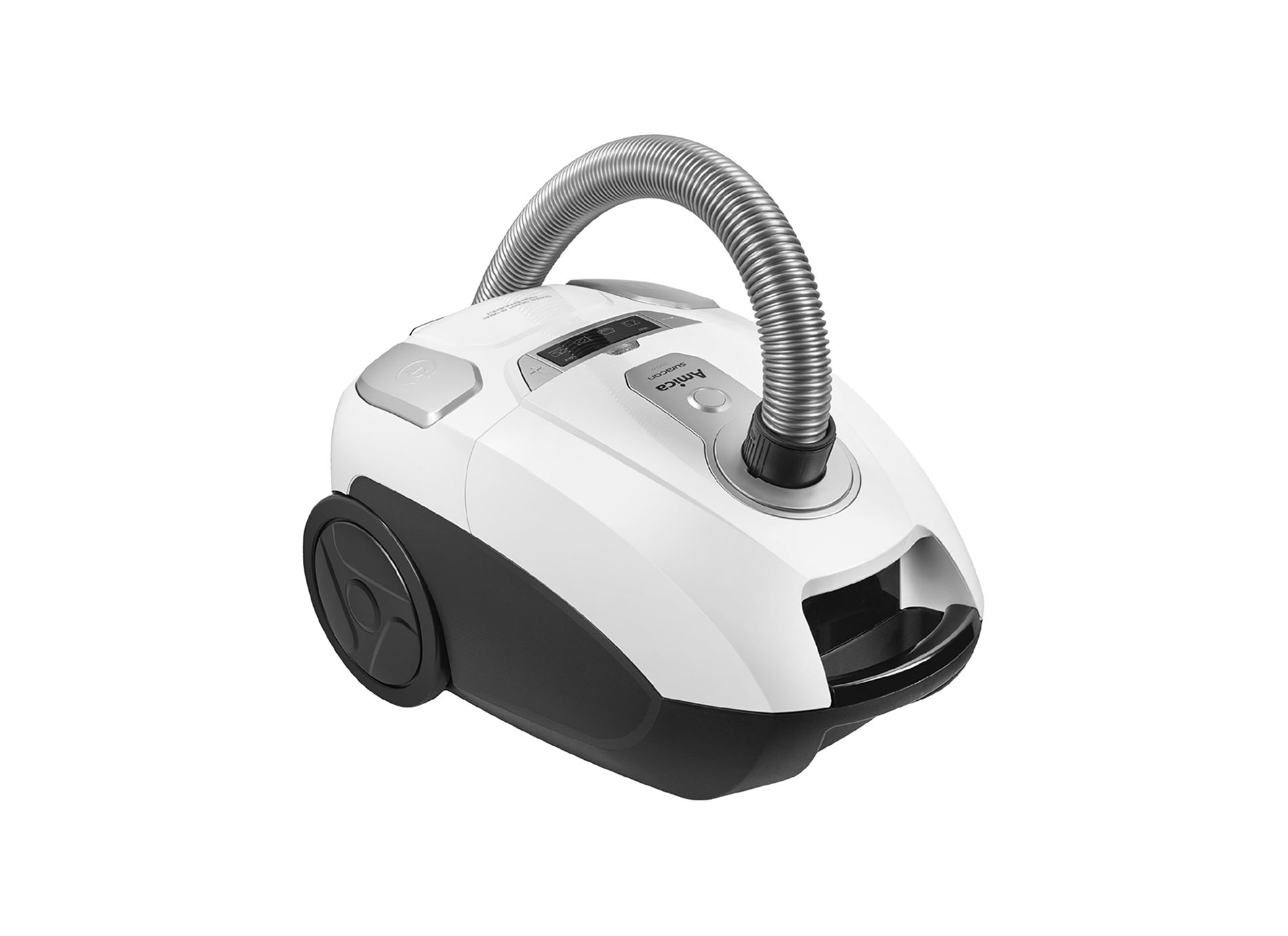 White and black vacuum cleaner with a curved hose, side view.