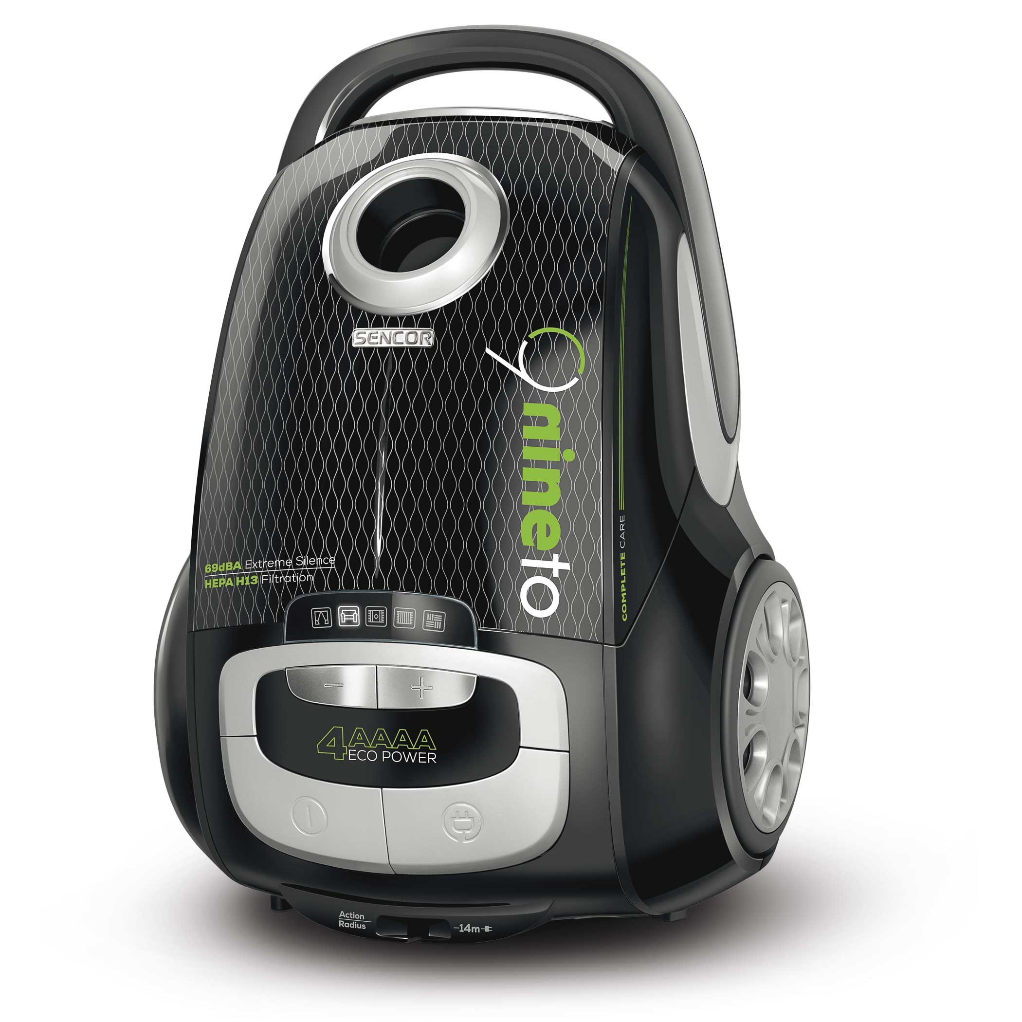 Czarny i szary odkurzacz z uchwytem. Ma koła i markę Sencor.