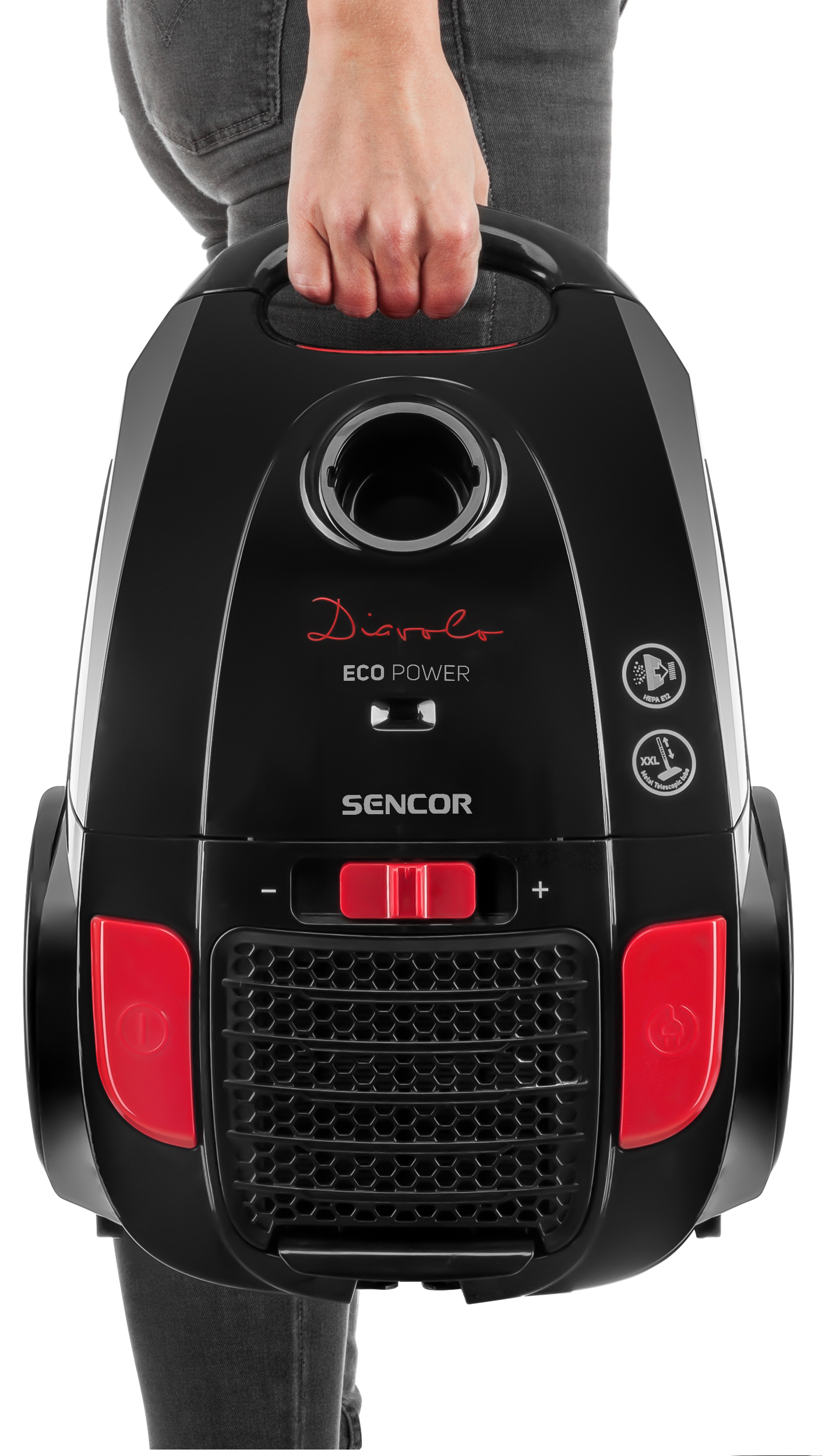 Osoba trzyma czarny odkurzacz. Odkurzacz ma czerwone akcenty i napis 'Diablo'.