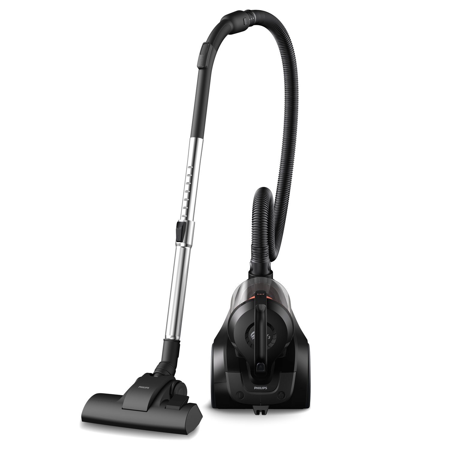 Black vacuum cleaner with a hose and brush, against a white background.