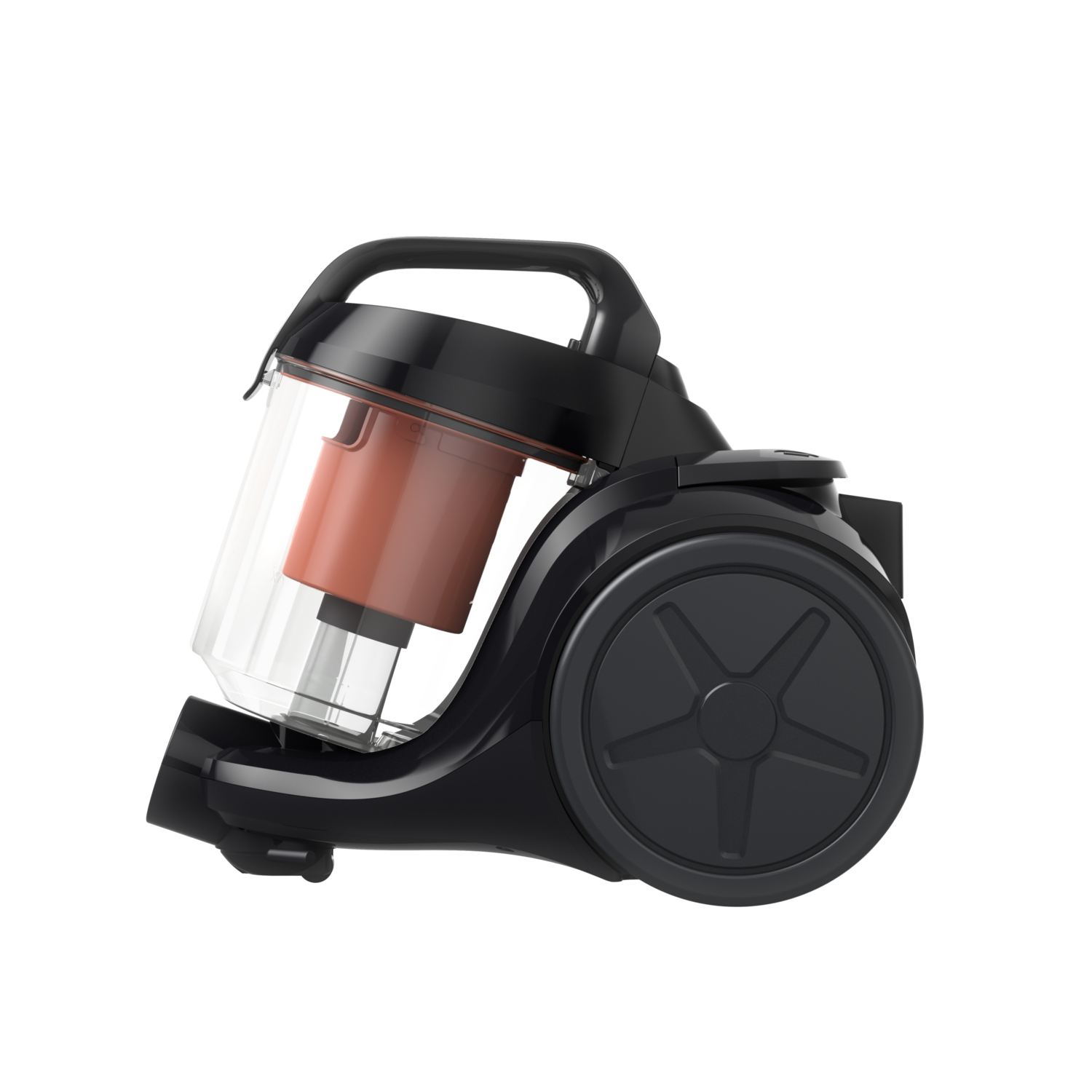 Black vacuum cleaner with a transparent dust container and orange filter.