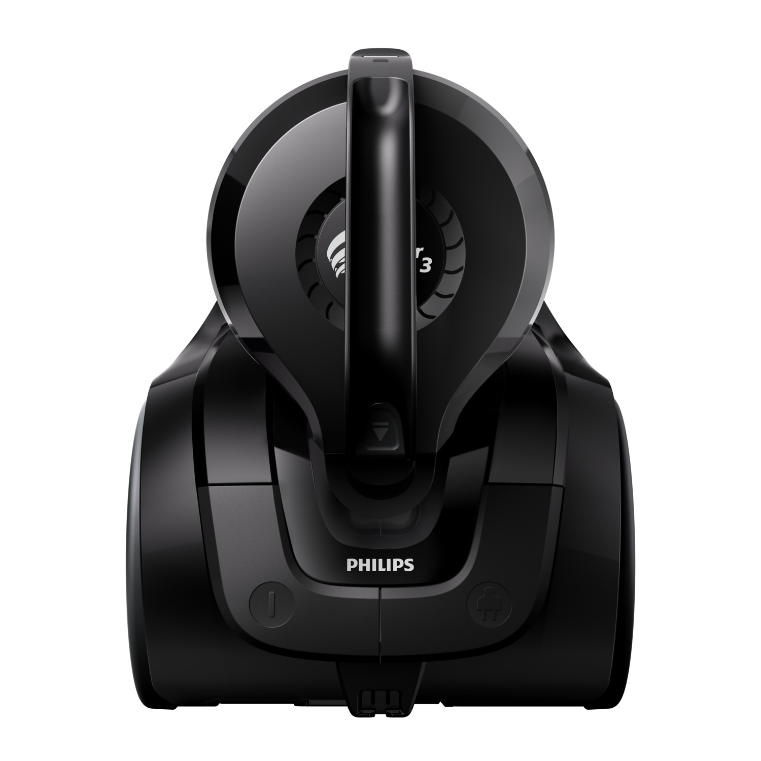 Black vacuum cleaner with a handle and a Philips logo. On a white background.