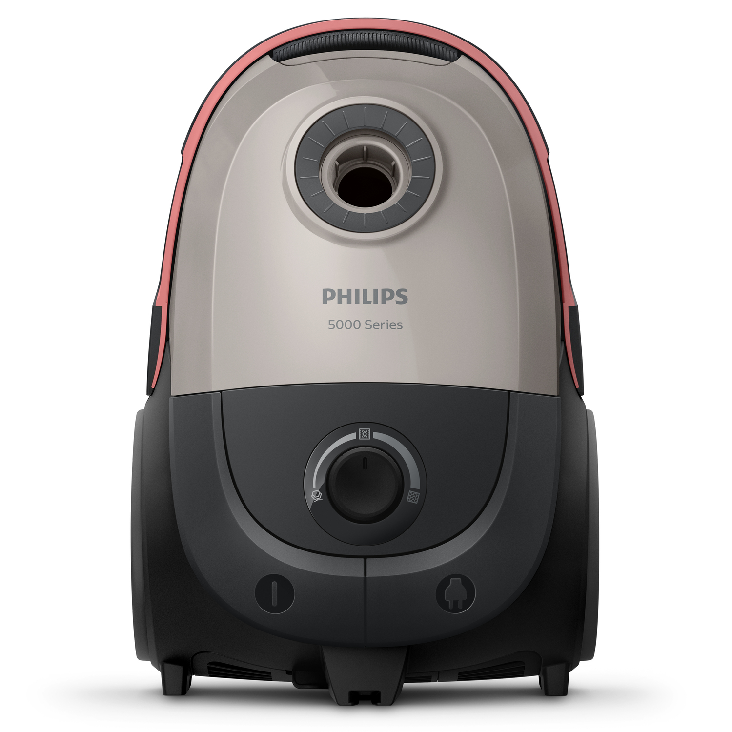 Szaro-różowy odkurzacz z czarną podstawą, pokazujący logo Philips 5000 Series.