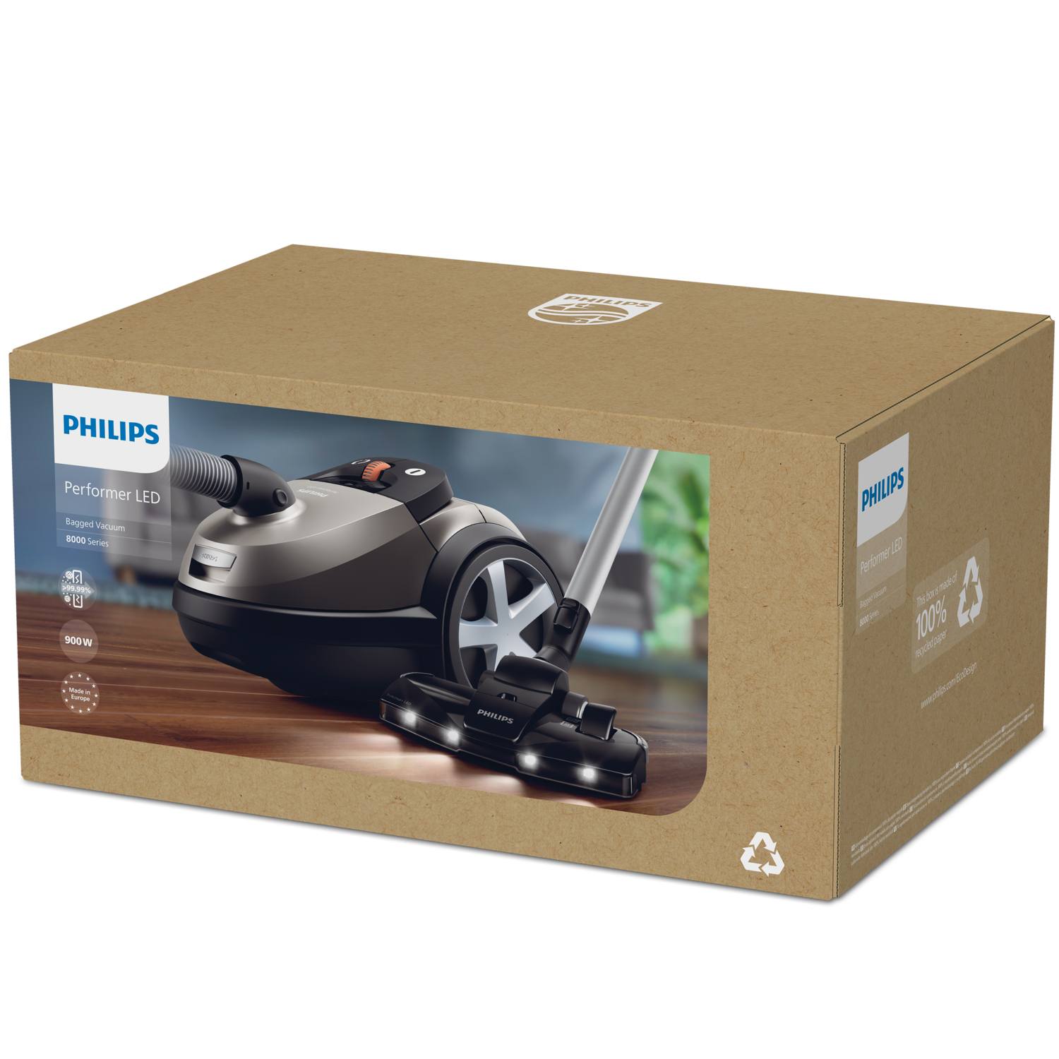 Kartonowe pudełko ze zdjęciem odkurzacza, marką Phillips i symbolem recyklingu.