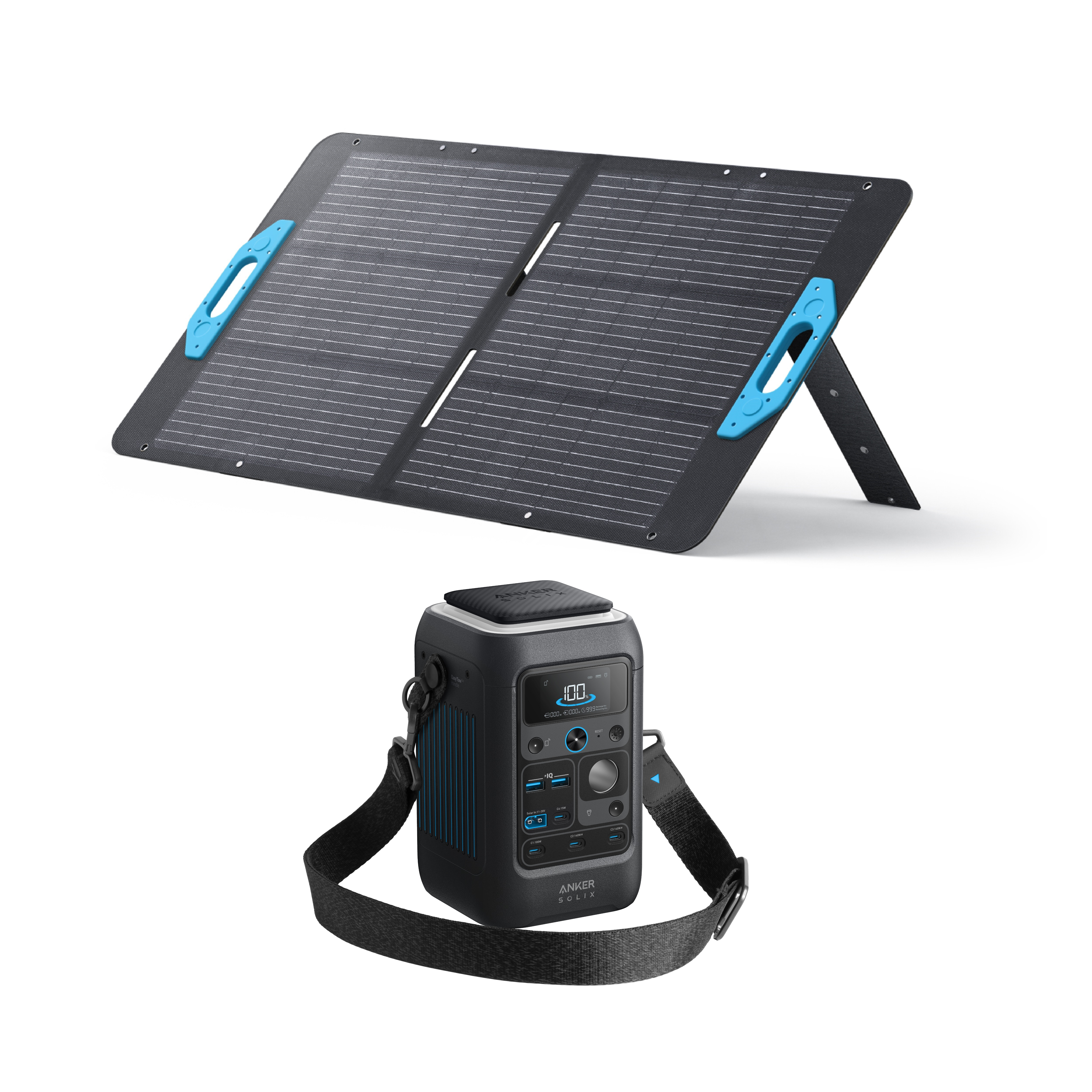 Ein schwarzes Solarpanel mit blauen Griffen und eine schwarze Powerstation mit Gurt.