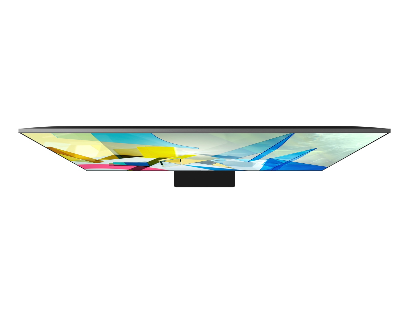 Draufsicht auf einen modernen Fernseher mit farbenfrohem, abstraktem Design.