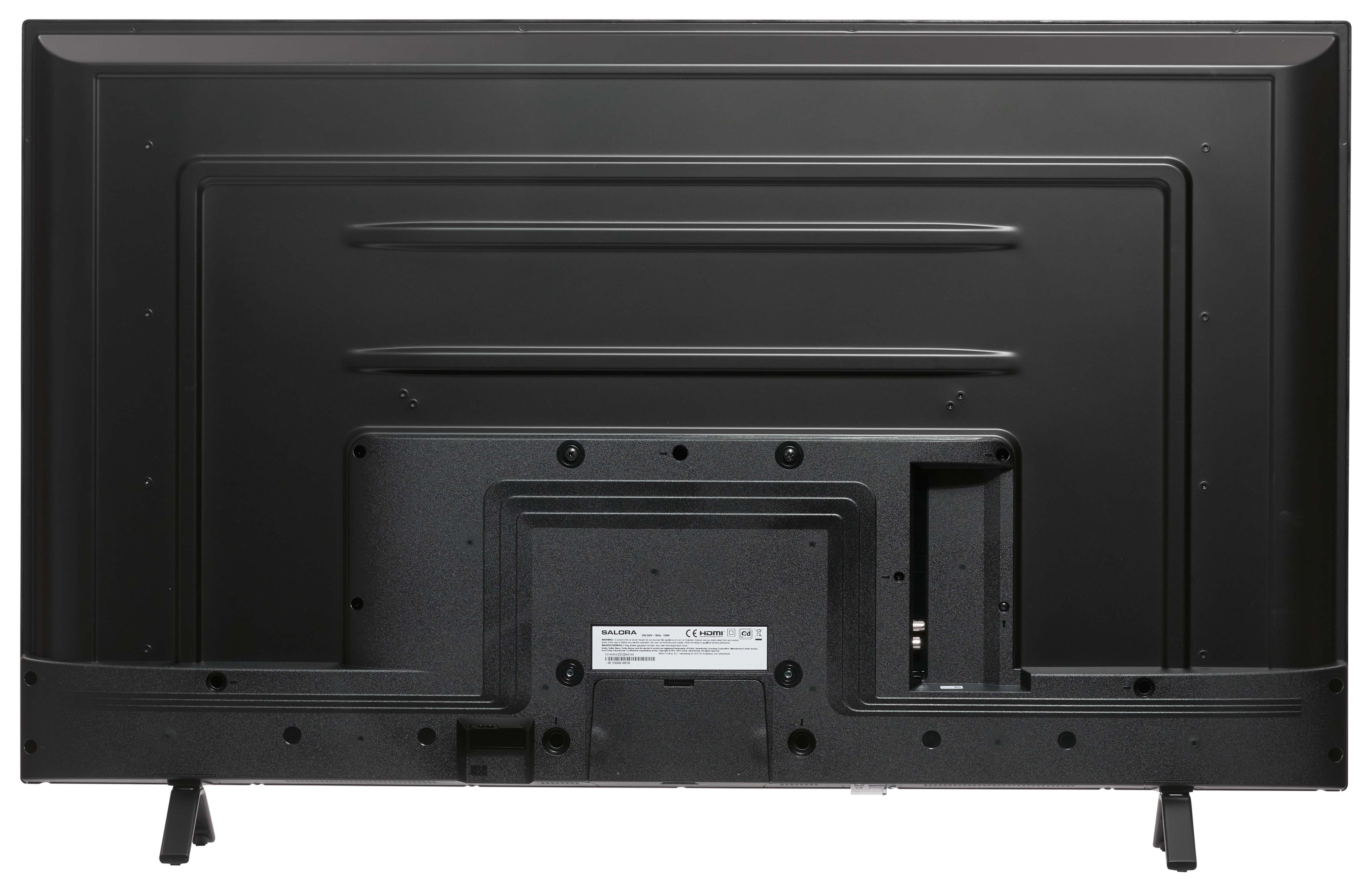 Il retro di una TV nera con varie porte, connessioni e un supporto.
