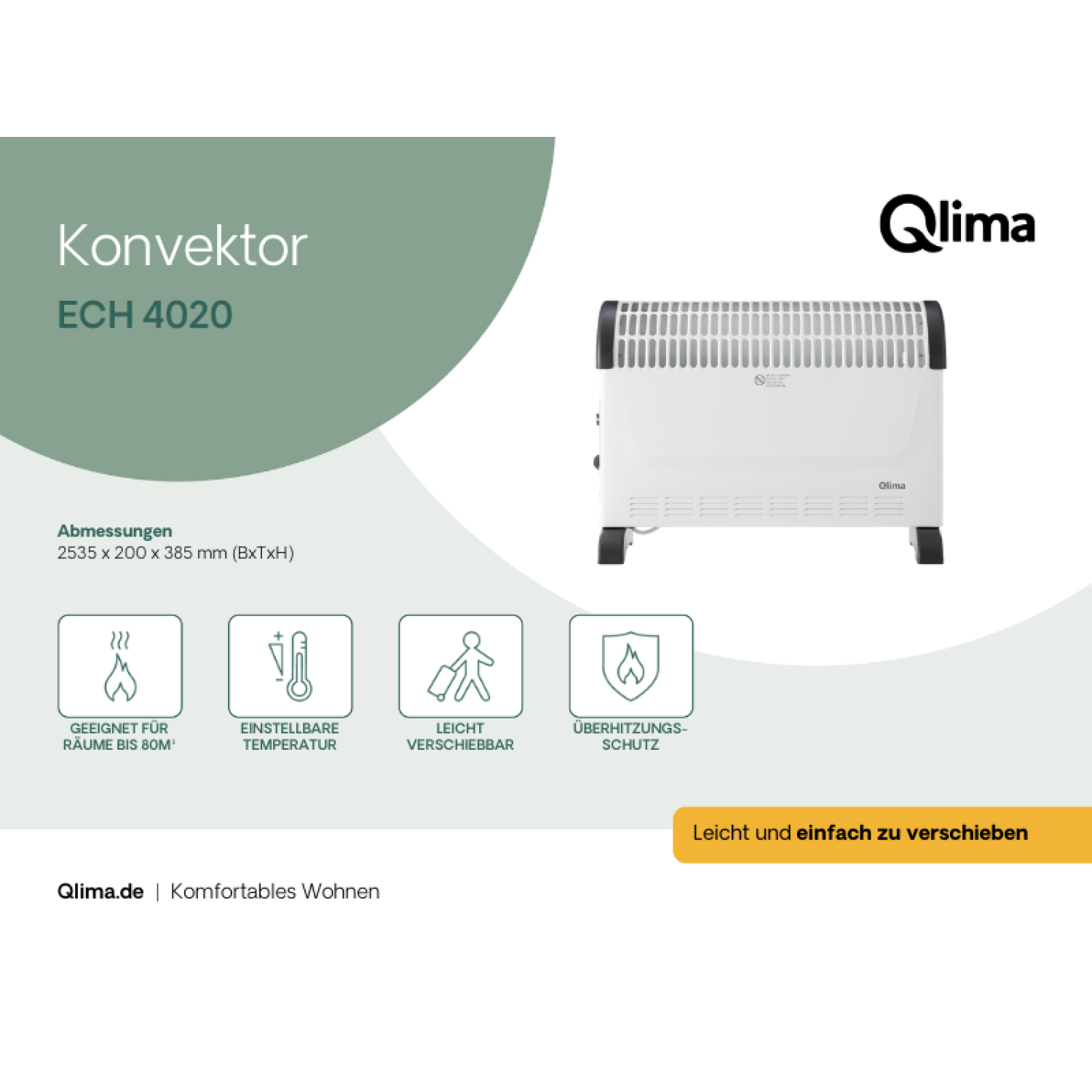 Biały grzejnik Konwektor Qlima. Zawiera ikony funkcji i logo Qlima.