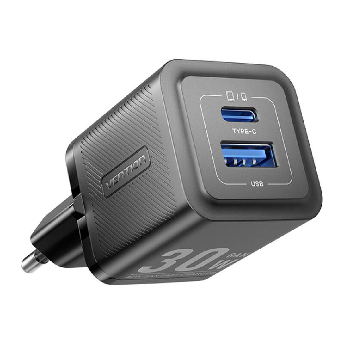 Caricatore nero con due porte USB. Ha una porta di tipo C e una USB. Lo sfondo è bianco.