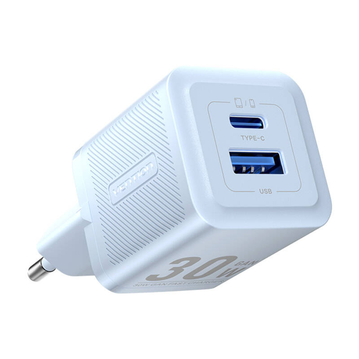 Cargador USB blanco con dos puertos, etiquetado Type-C y USB, con 30W.
