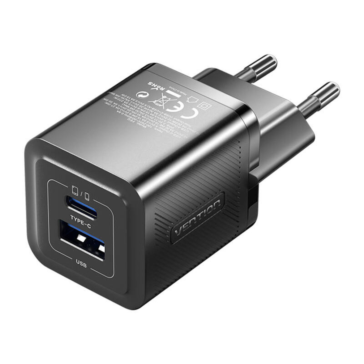 Caricabatterie USB-C nero con due porte: USB e Tipo-C, marchio Vention.