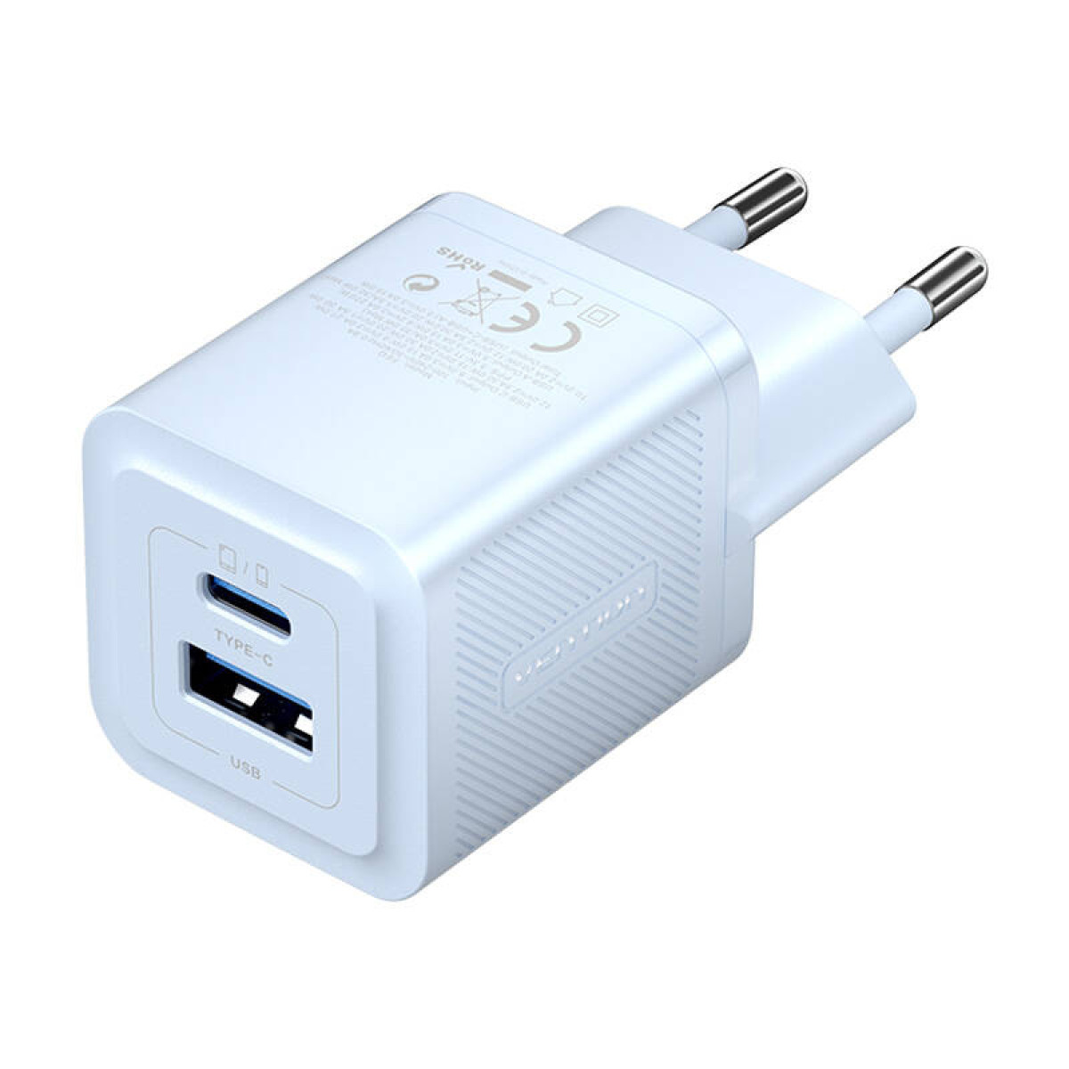 Un cargador USB blanco y azul con dos clavijas y dos puertos USB.