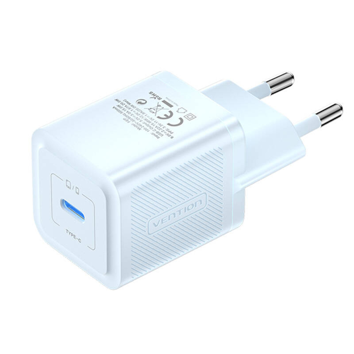 Ein weißes Vention-Ladegerät hat einen USB-C- und einen USB-Anschluss und einen Stecker.