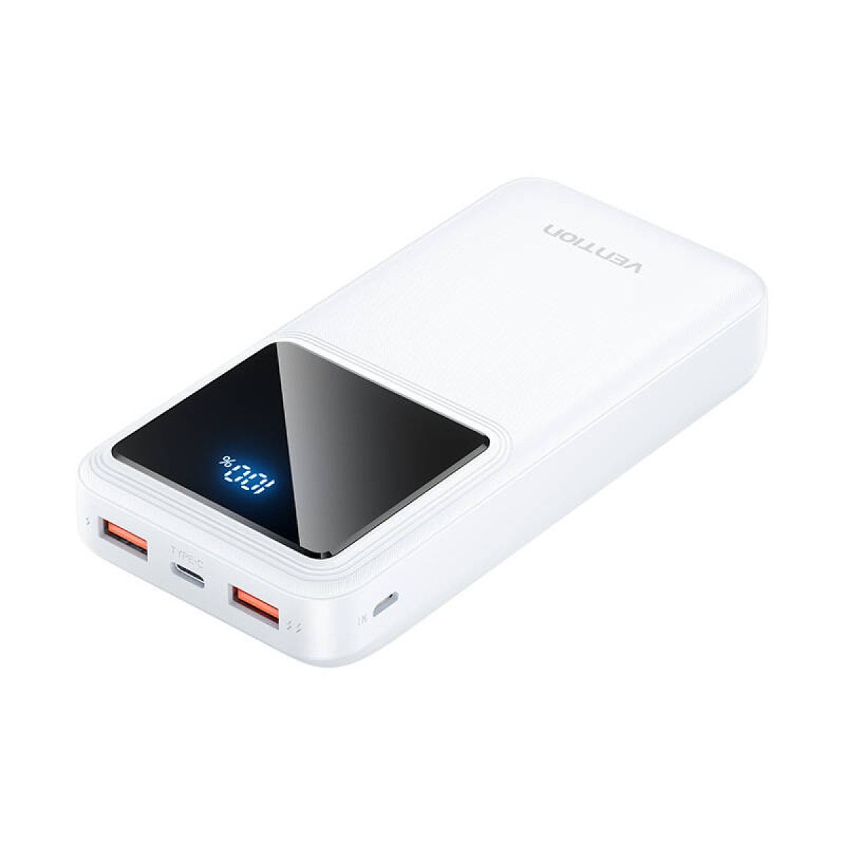 Eine weiße Vention Powerbank. Die Powerbank hat einen schwarzen Bildschirm mit der Anzeige '100%'. 